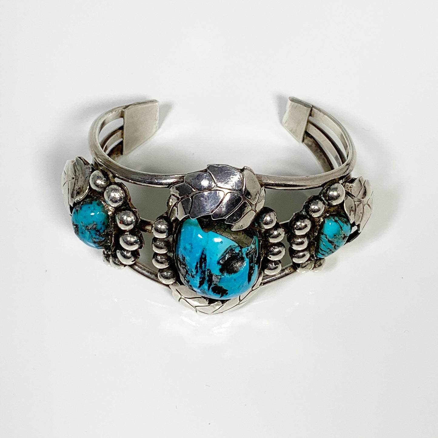 Vintage Silver Three Stone Turquoise Cuff | Morenci Turquoise Cuff | Southwest Silver Cuff Bracelet