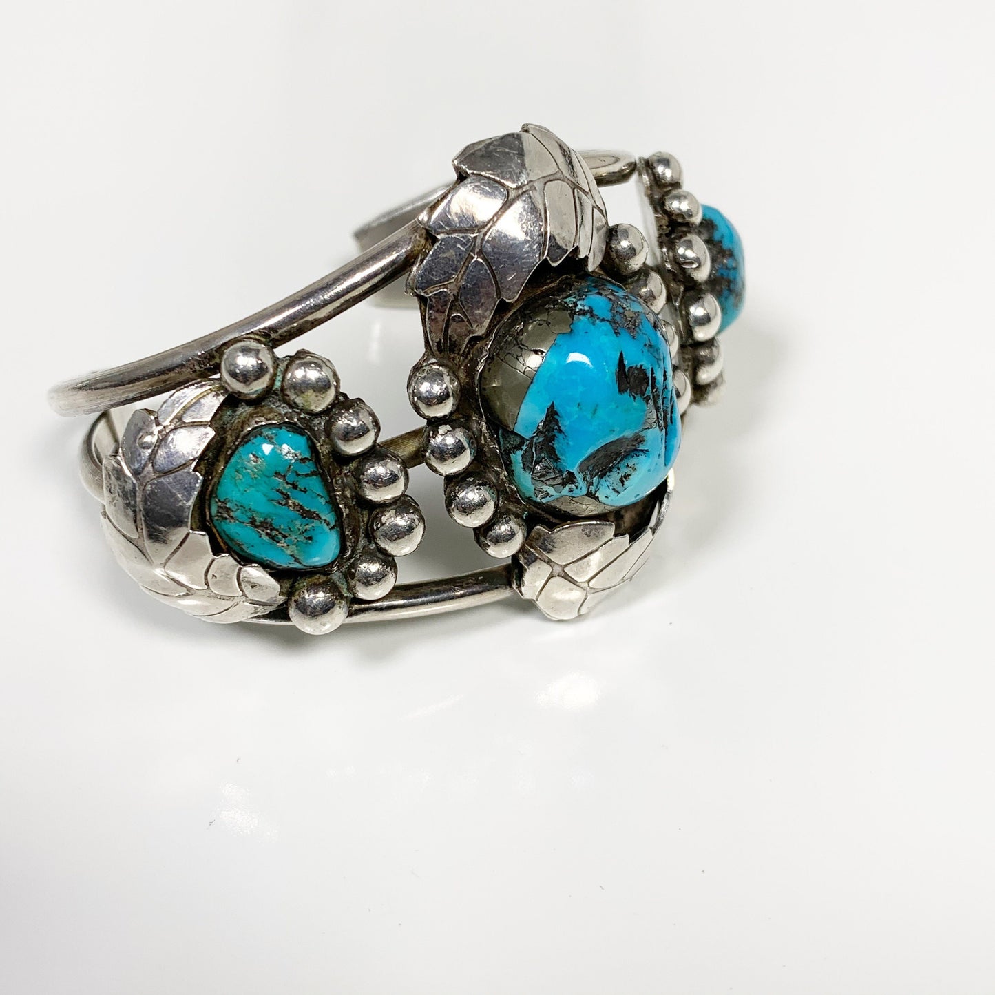 Vintage Silver Three Stone Turquoise Cuff | Morenci Turquoise Cuff | Southwest Silver Cuff Bracelet