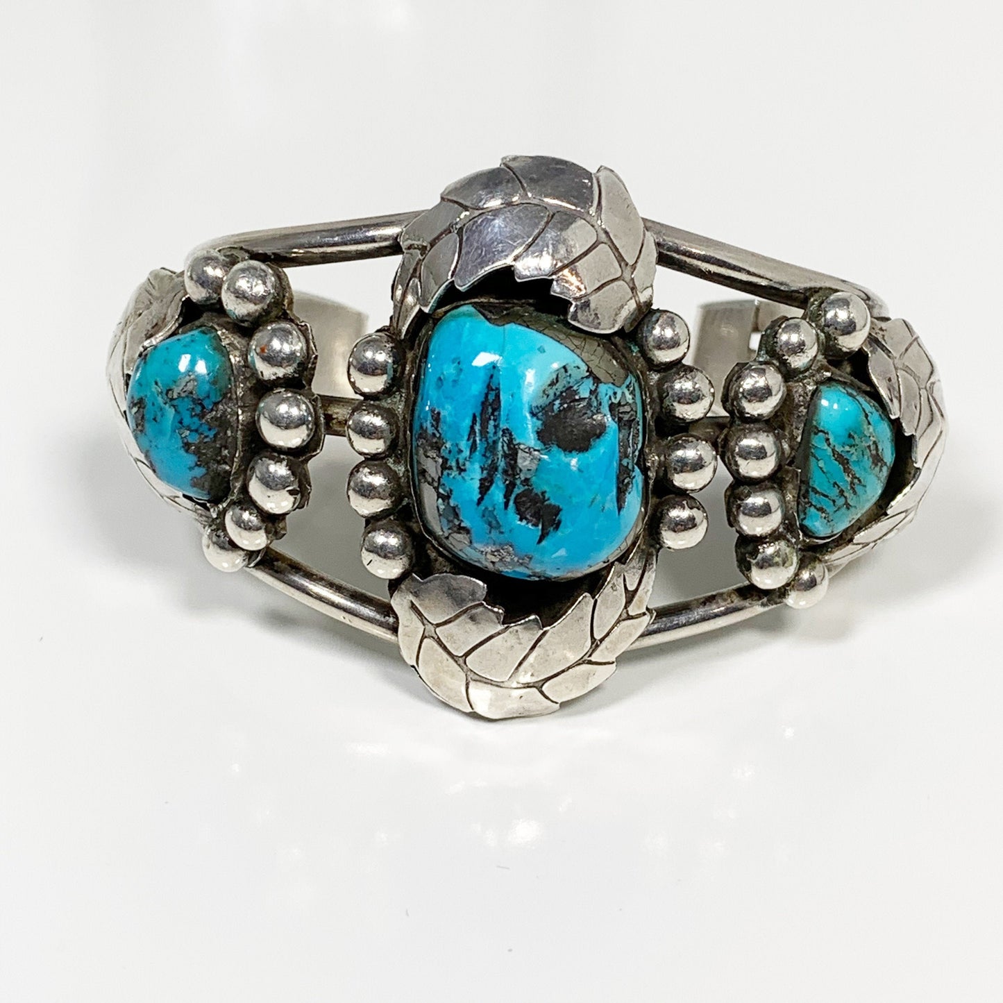 Vintage Silver Three Stone Turquoise Cuff | Morenci Turquoise Cuff | Southwest Silver Cuff Bracelet