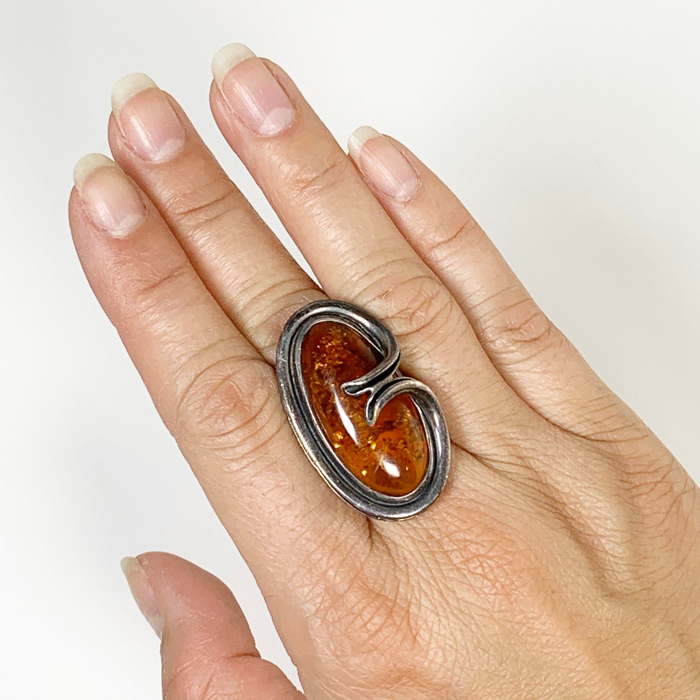 Vintage Silver Amber Ring | Large Amber Ring | Size 7