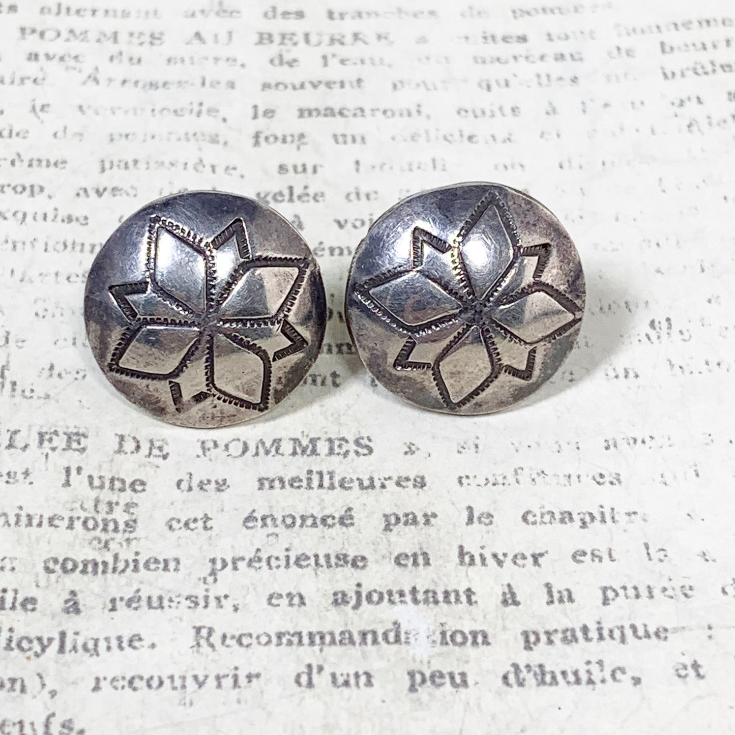 Vintage Silver Concho Stamped Earrings | Southwest Silver Conchos | Morning Star Screwback Earrings