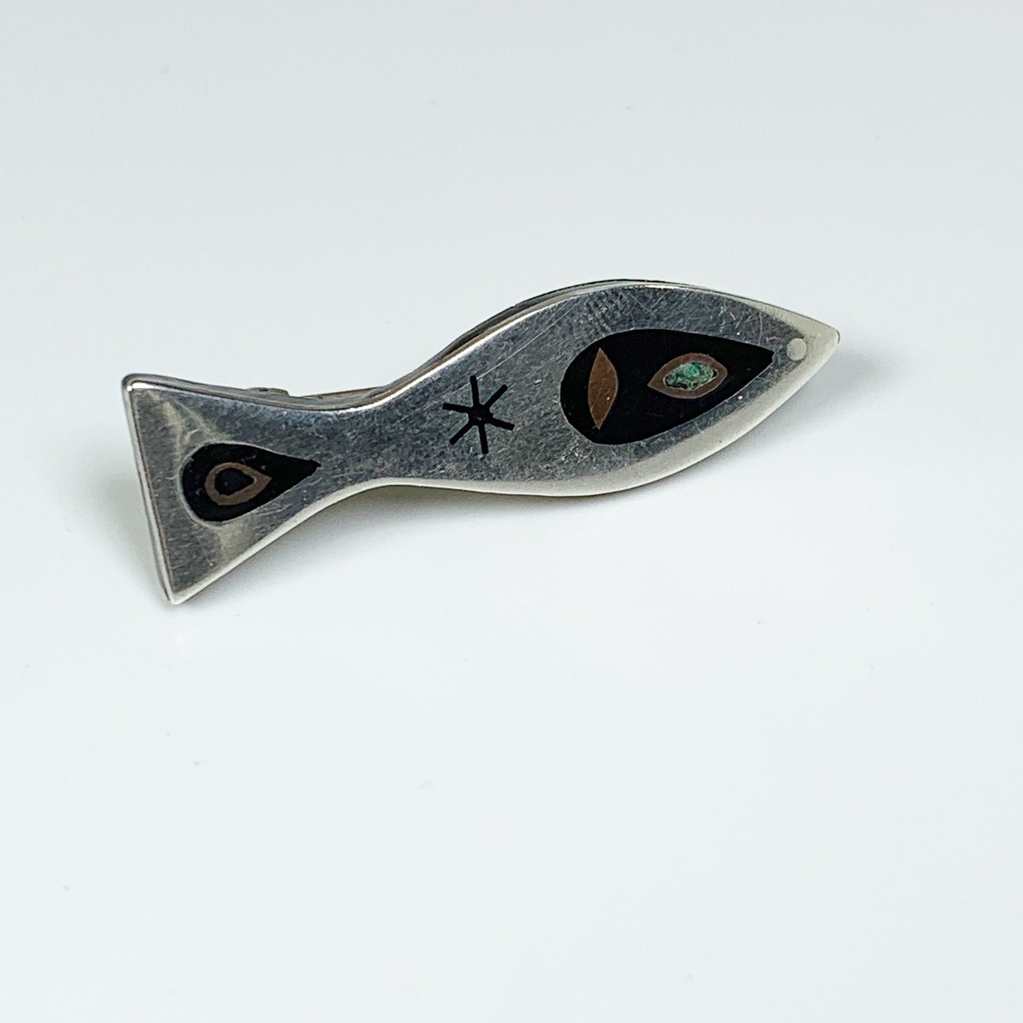 Vintage Mexican Inlay Fish Brooch | Silver Mixed Metal Modernist Brooch