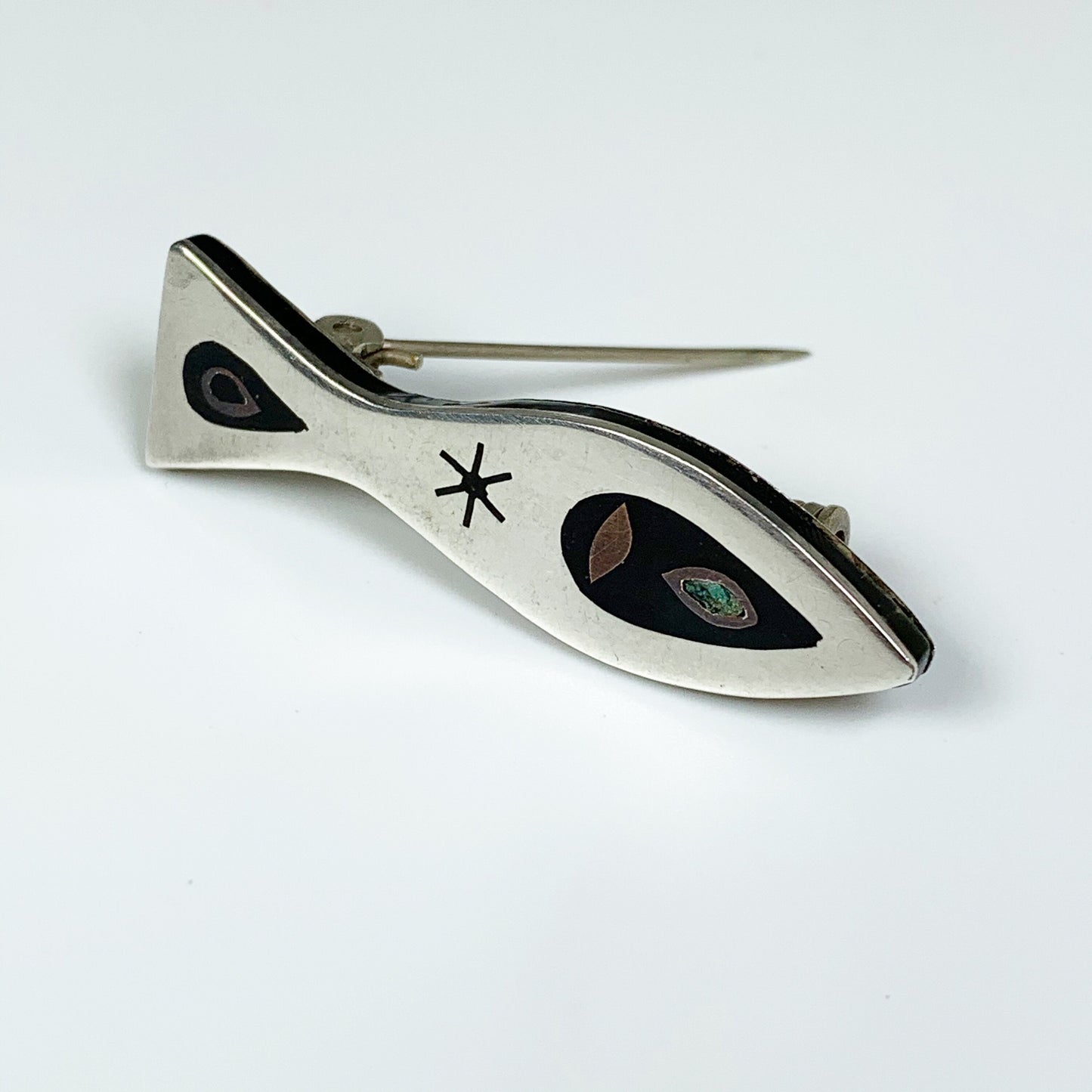 Vintage Mexican Inlay Fish Brooch | Silver Mixed Metal Modernist Brooch