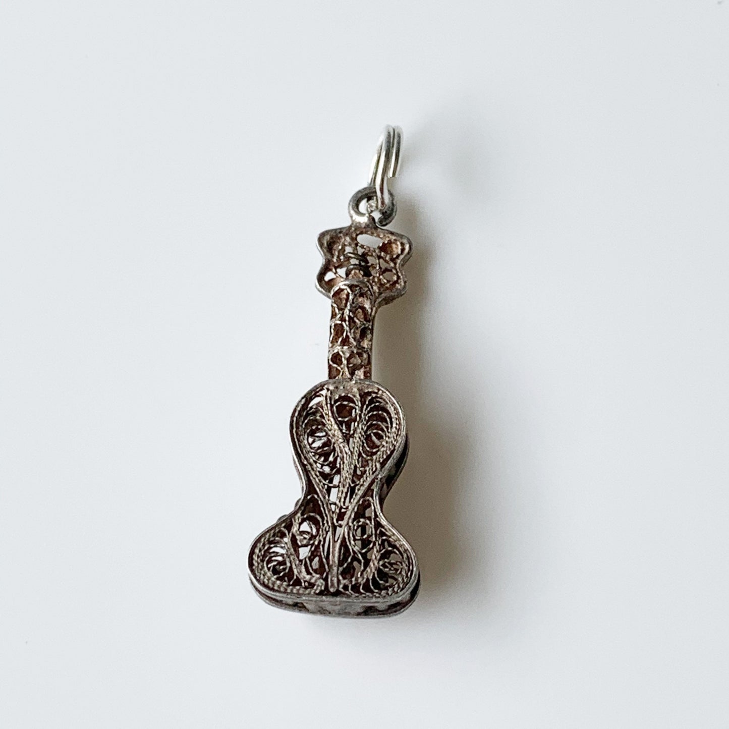 Vintage Silver Filigree Guitar Charm | Musical Instrument Jewelry | Sterling Silver Guitar Pendant