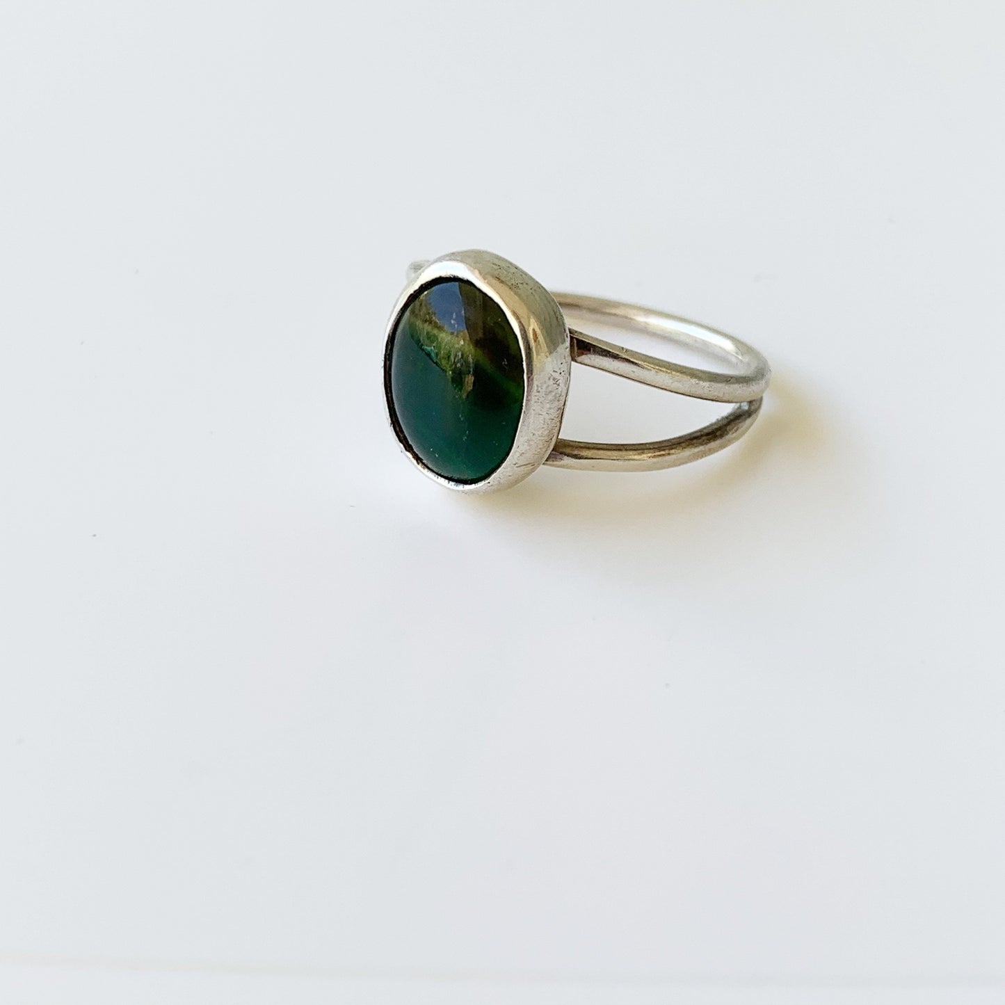 Vintage Silver Agate Ring | Green Banded Agate | US Size 8 Ring