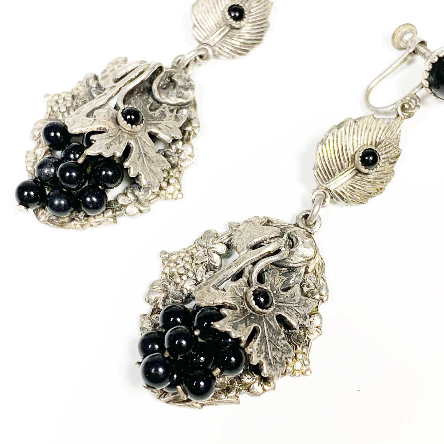 Vintage Silver Onyx Screw Back Earrings | Onyx Grape Fruit and Leaf Dangle Earrings