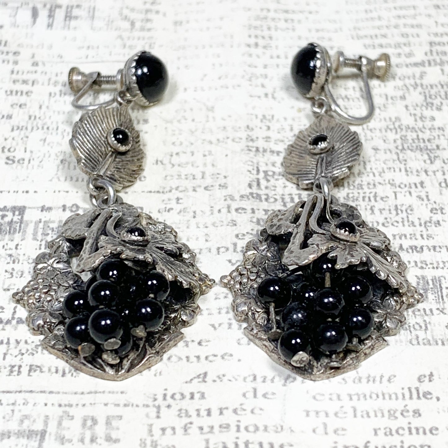 Vintage Silver Onyx Screw Back Earrings | Onyx Grape Fruit and Leaf Dangle Earrings