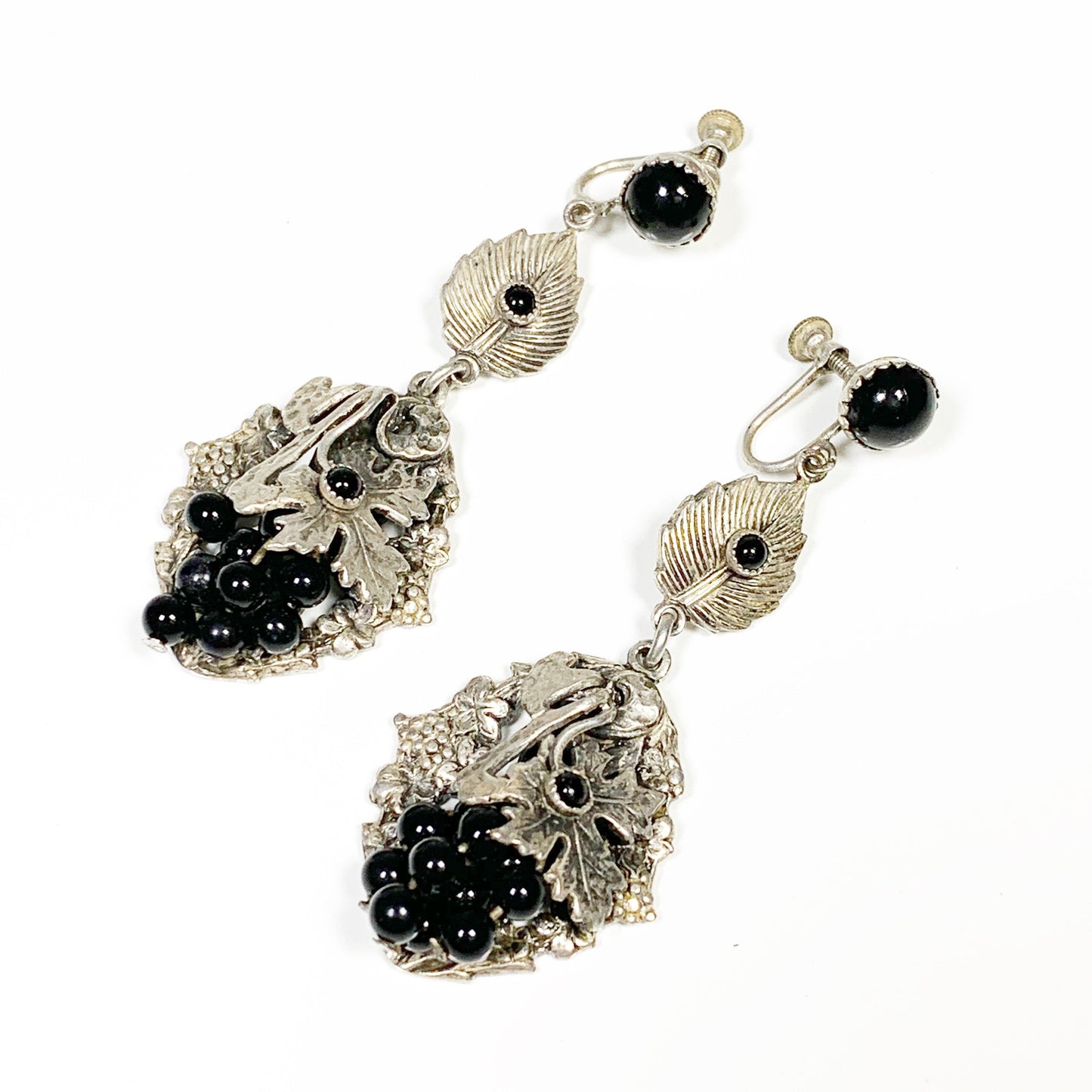 Vintage Silver Onyx Screw Back Earrings | Onyx Grape Fruit and Leaf Dangle Earrings