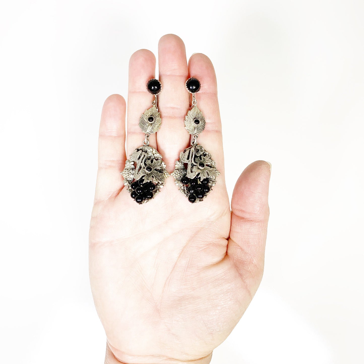 Vintage Silver Onyx Screw Back Earrings | Onyx Grape Fruit and Leaf Dangle Earrings