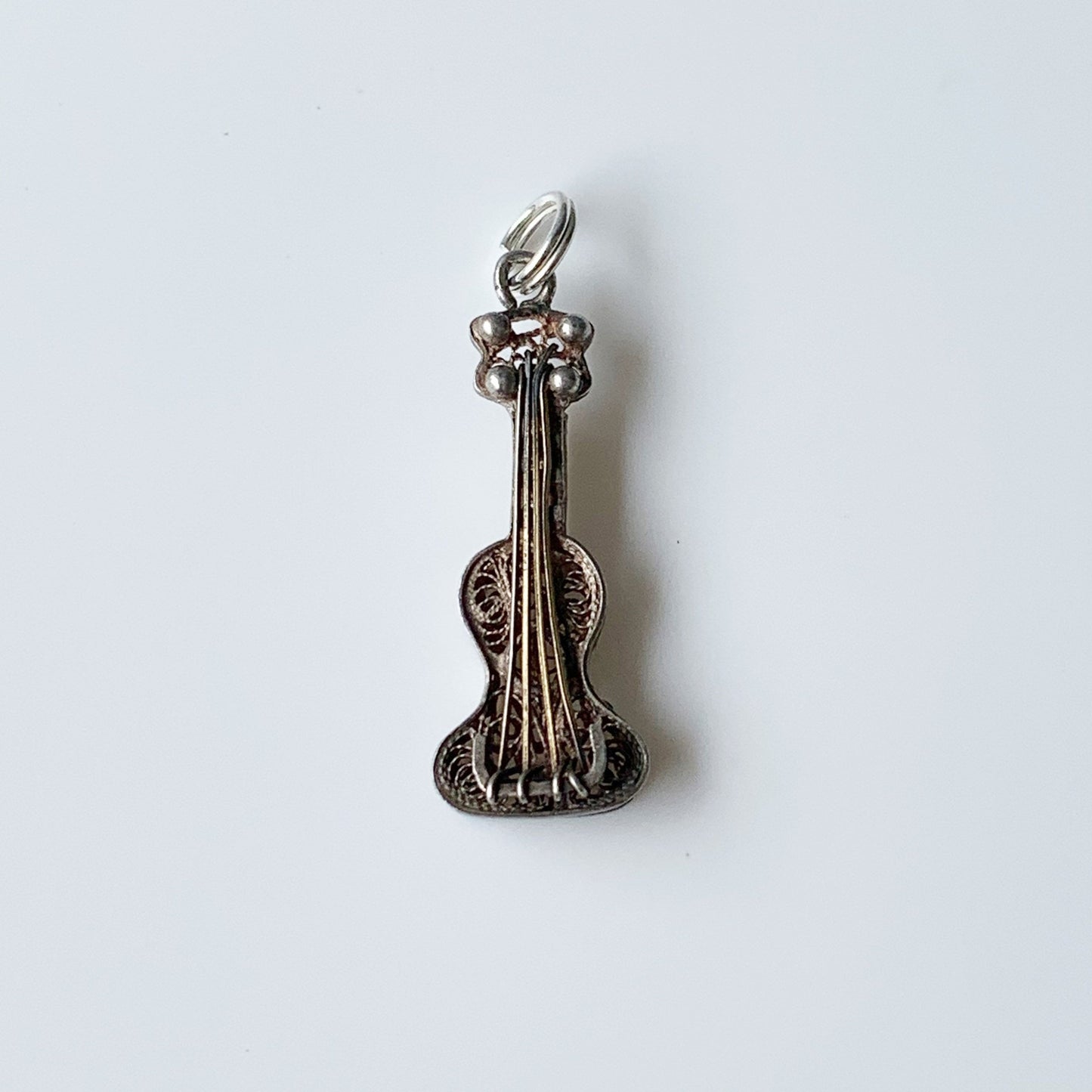 Vintage Silver Filigree Guitar Charm | Musical Instrument Jewelry | Sterling Silver Guitar Pendant