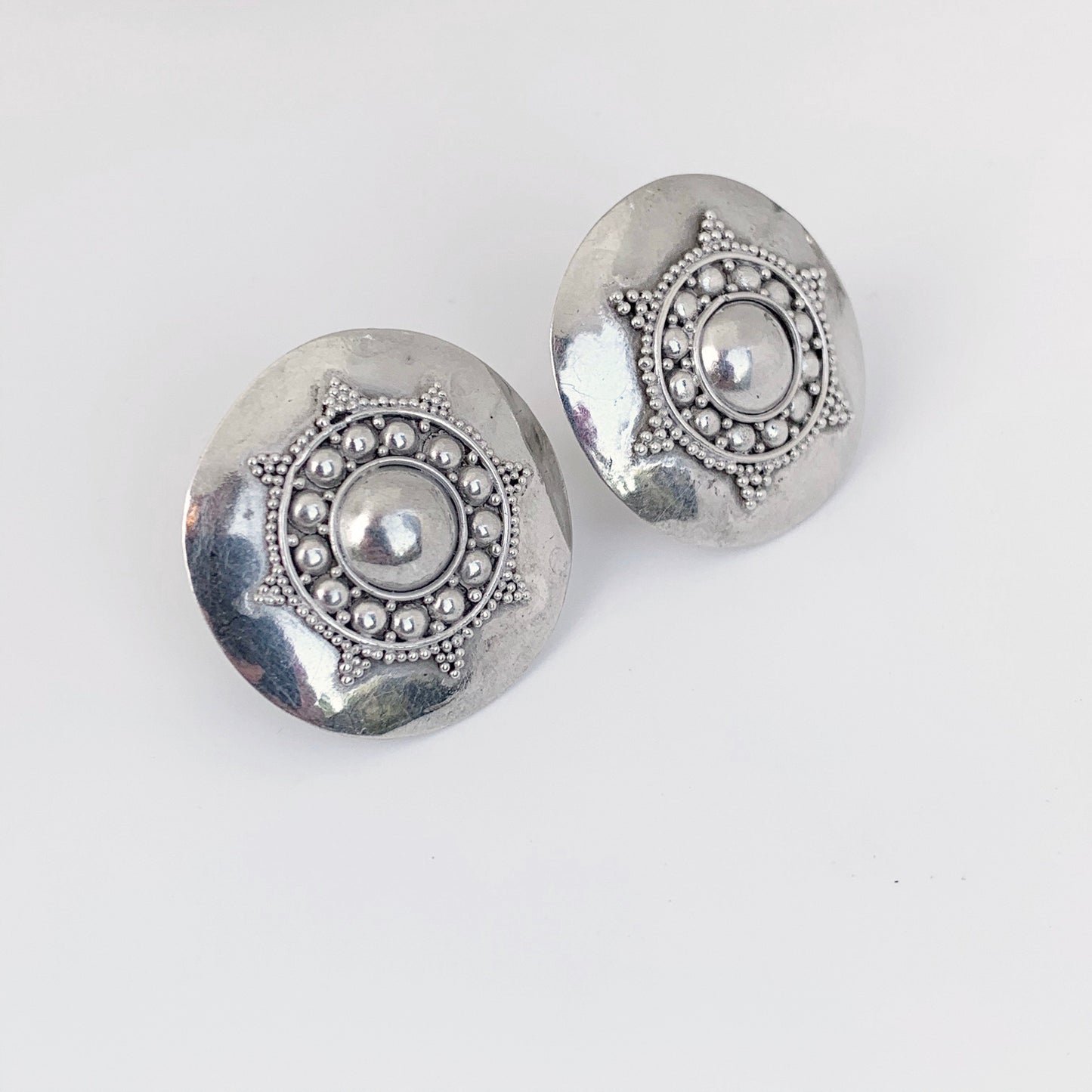 Granulated Silver Disc Earrings | Ethnic Silver Round Earrings