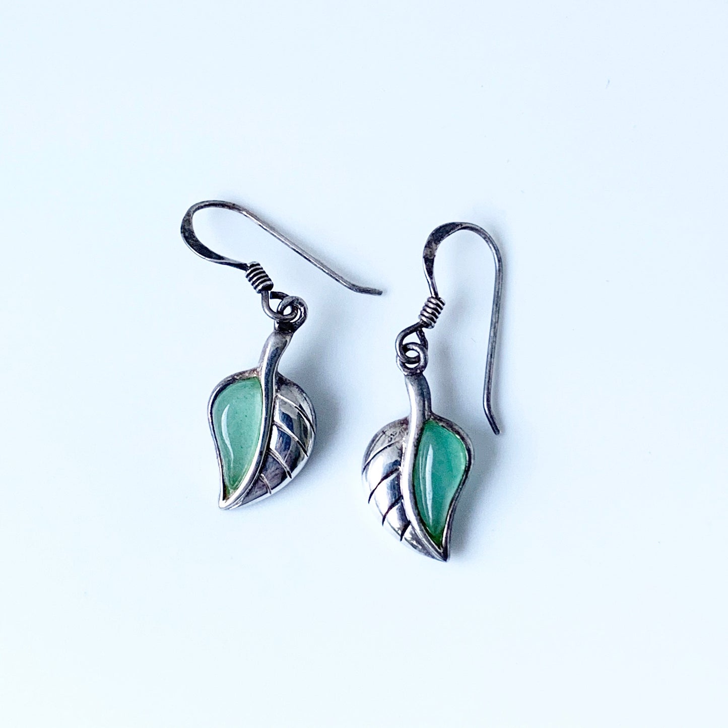 Vintage Silver Leaf Earrings | Green Stone Leaf Earrings