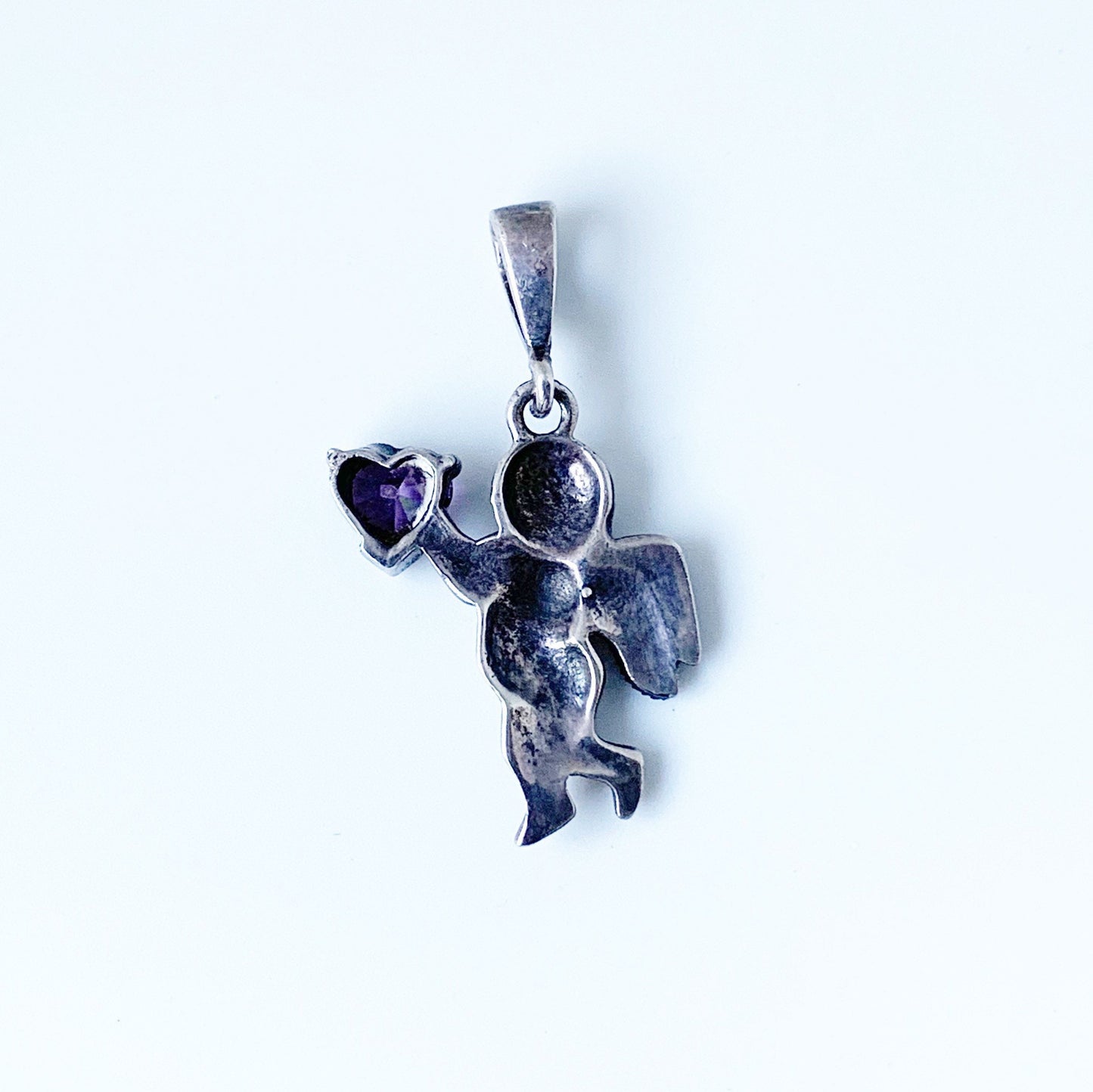 Vintage Silver Cupid Pendant | Marcasite and Amethyst Heart Pendant | Cupid with Heart