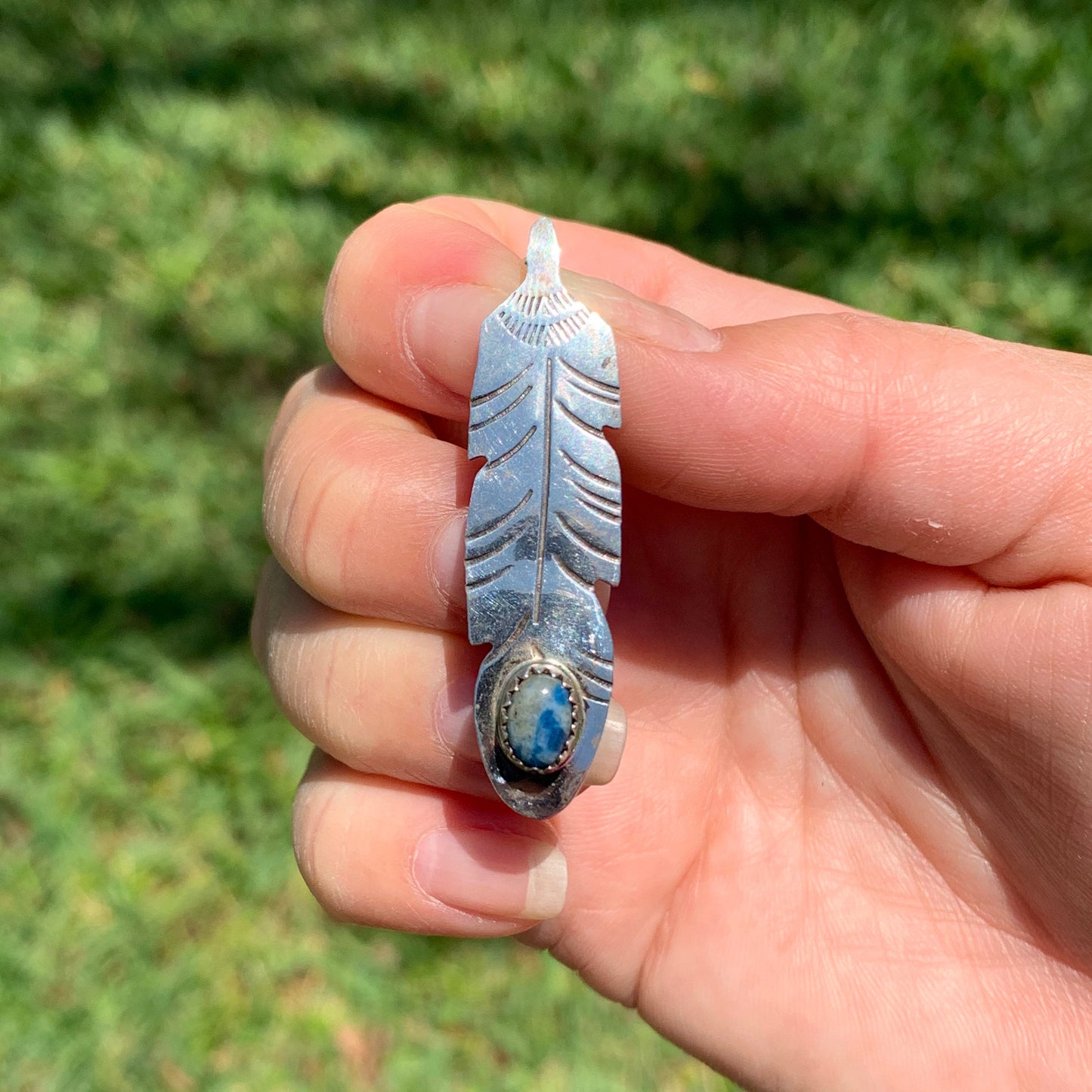 Vintage Silver Sodalite Feather Pendant | South West Feather Pendant | Pendant and Brooch Convertible Jewelry