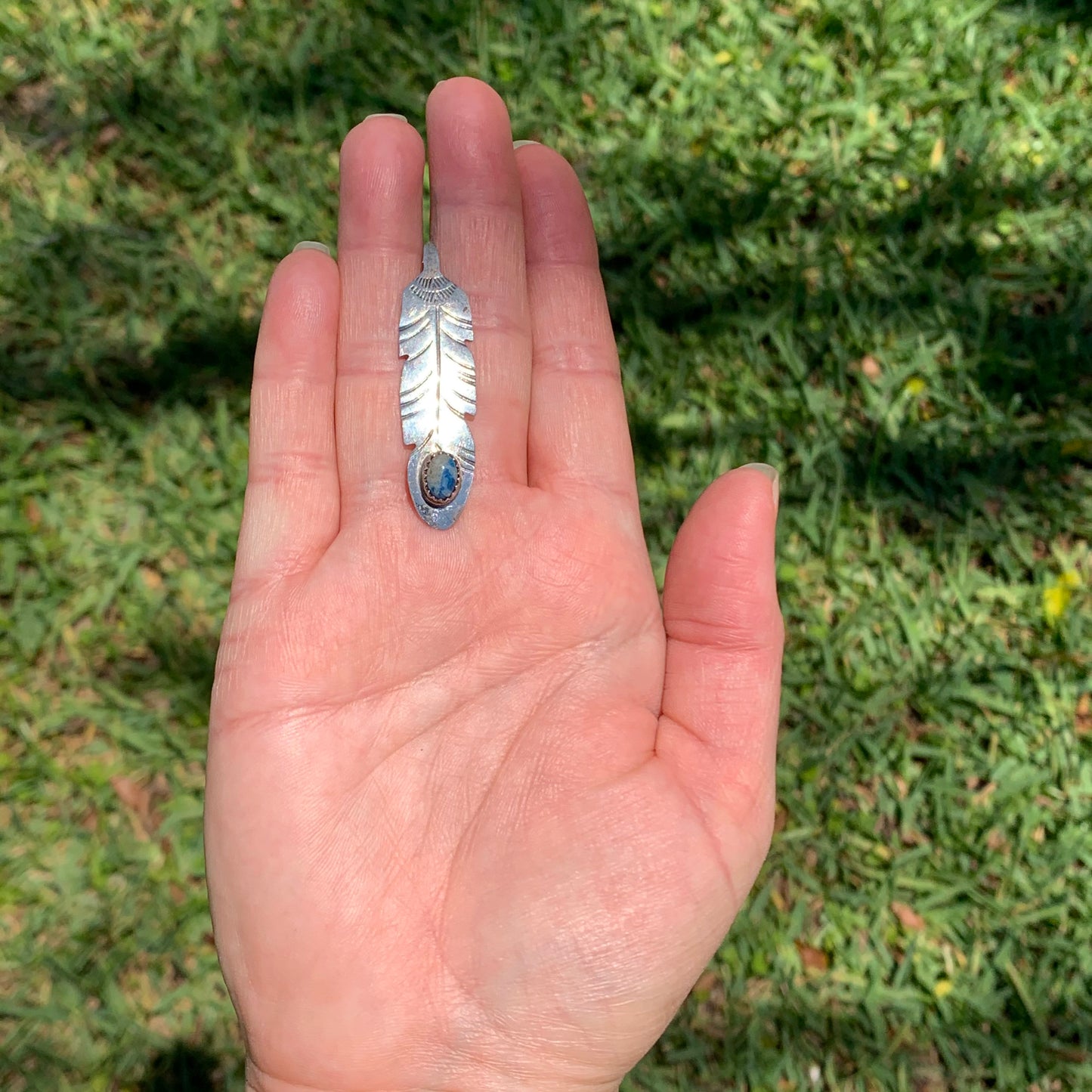 Vintage Silver Sodalite Feather Pendant | South West Feather Pendant | Pendant and Brooch Convertible Jewelry