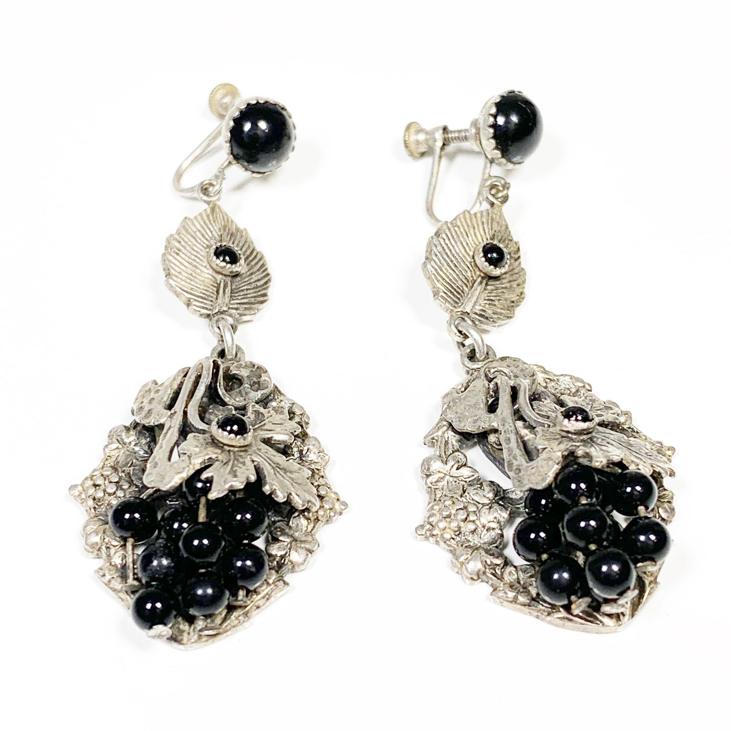 Vintage Silver Onyx Screw Back Earrings | Onyx Grape Fruit and Leaf Dangle Earrings