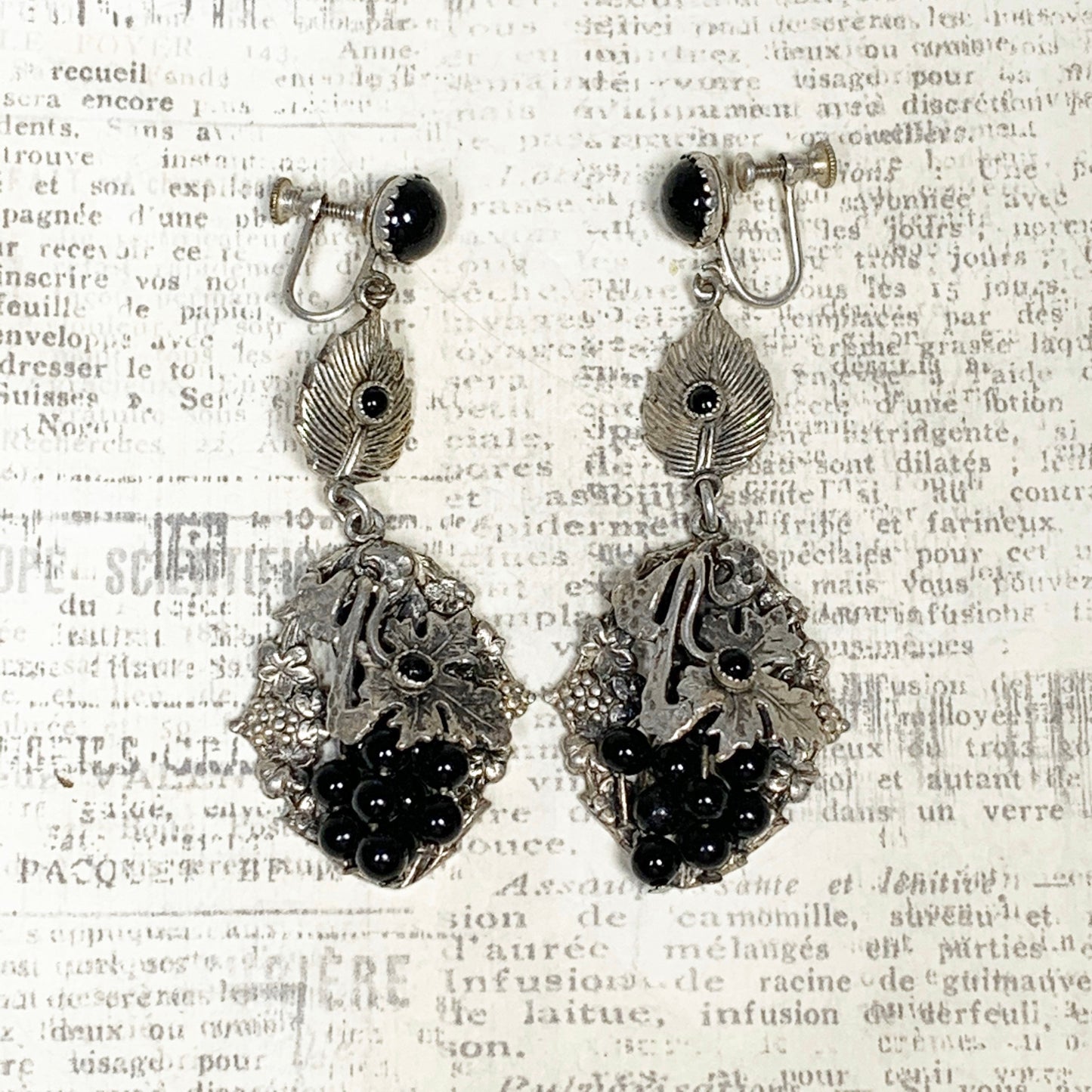 Vintage Silver Onyx Screw Back Earrings | Onyx Grape Fruit and Leaf Dangle Earrings