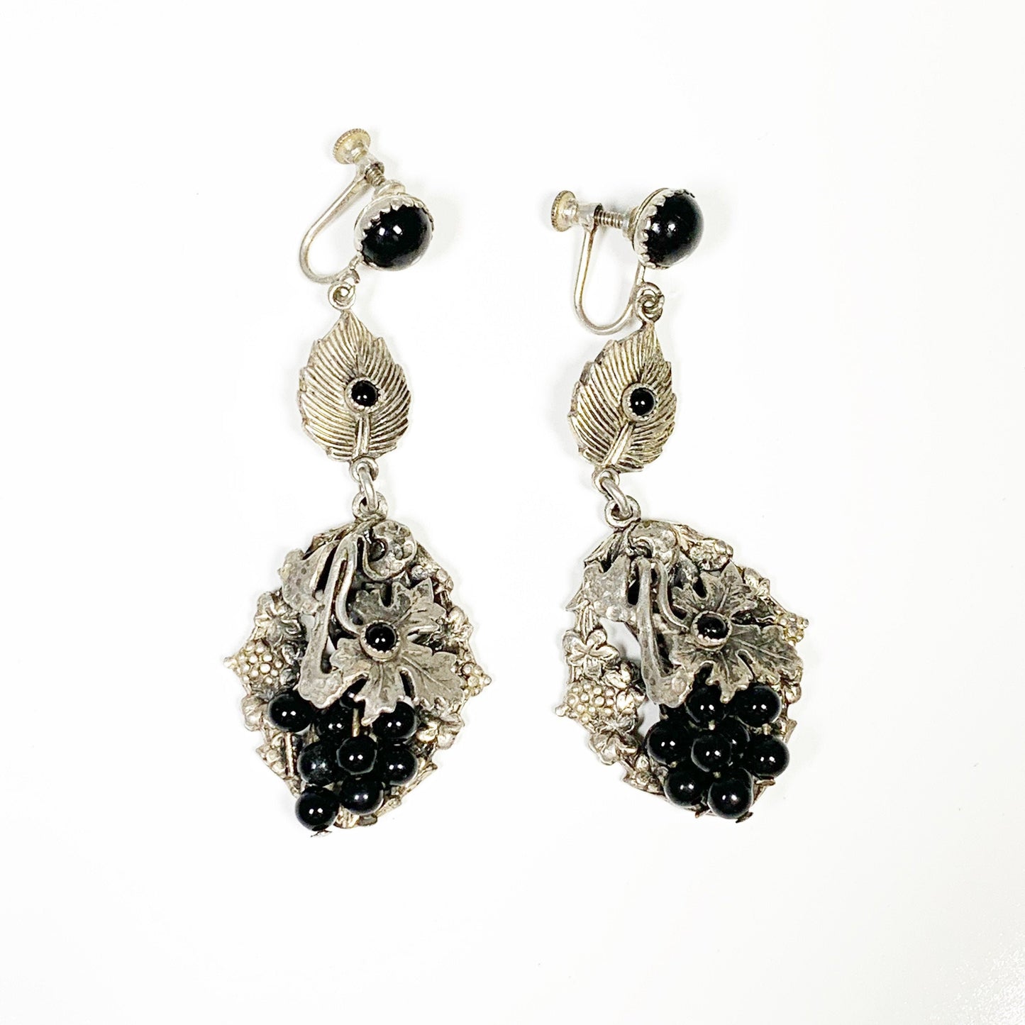 Vintage Silver Onyx Screw Back Earrings | Onyx Grape Fruit and Leaf Dangle Earrings