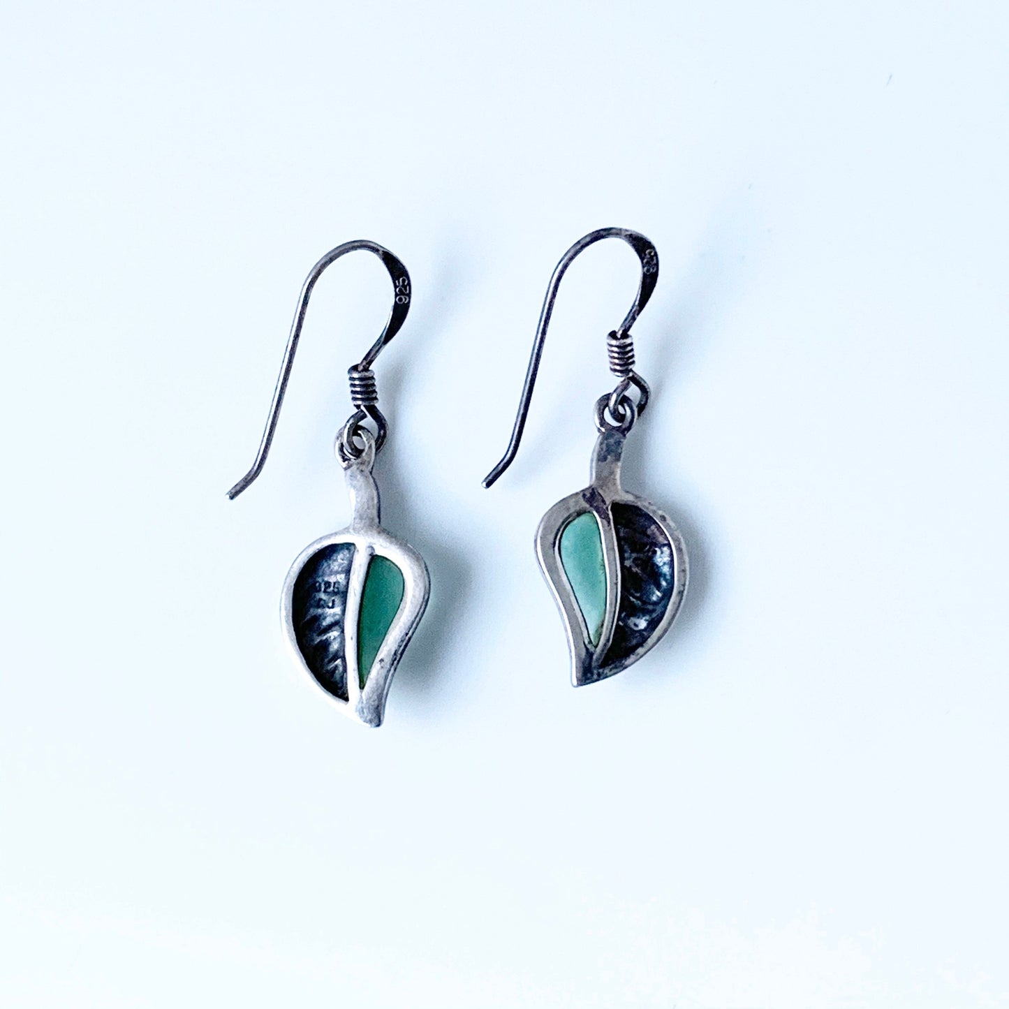 Vintage Silver Leaf Earrings | Green Stone Leaf Earrings
