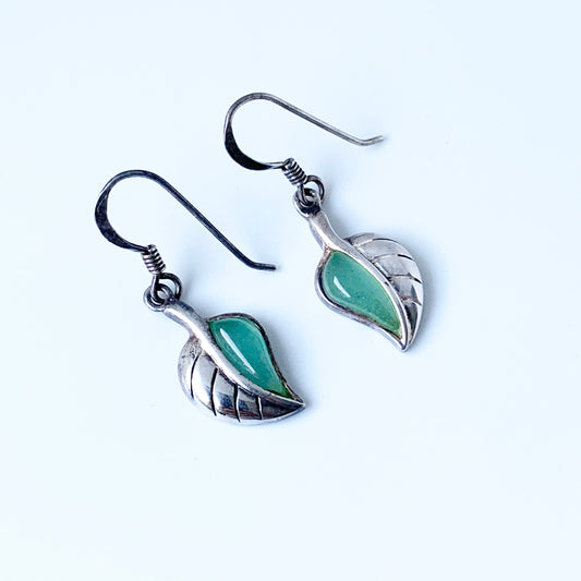 Vintage Silver Leaf Earrings | Green Stone Leaf Earrings
