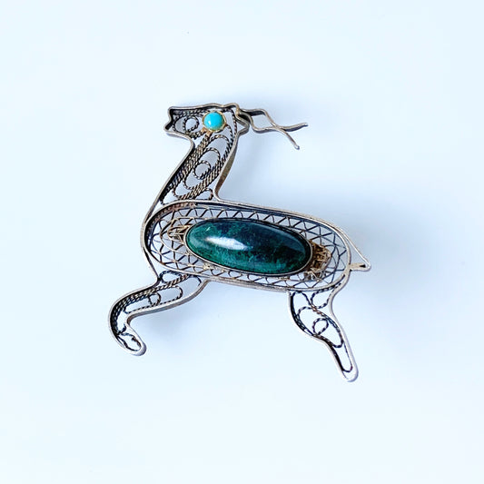 Vintage Filigree Antelope Brooch | Eilat Stone | Made in Israel | Filigree Addax Brooch