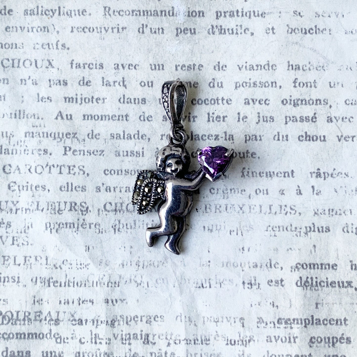 Vintage Silver Cupid Pendant | Marcasite and Amethyst Heart Pendant | Cupid with Heart