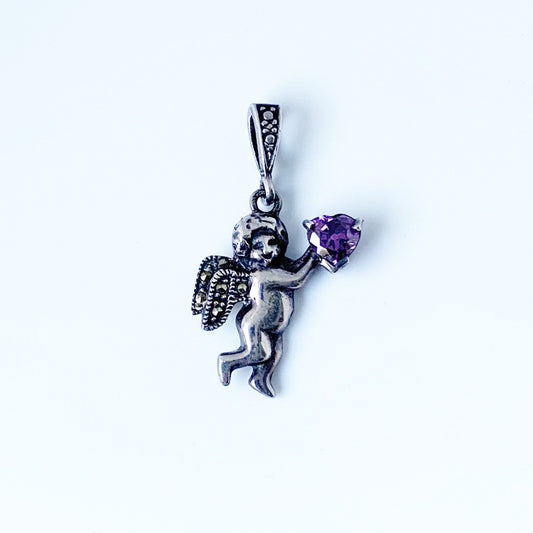 Vintage Silver Cupid Pendant | Marcasite and Amethyst Heart Pendant | Cupid with Heart