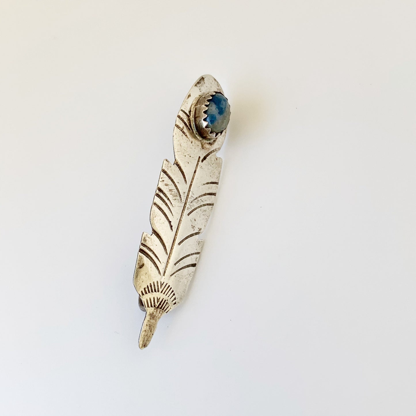 Vintage Silver Sodalite Feather Pendant | South West Feather Pendant | Pendant and Brooch Convertible Jewelry