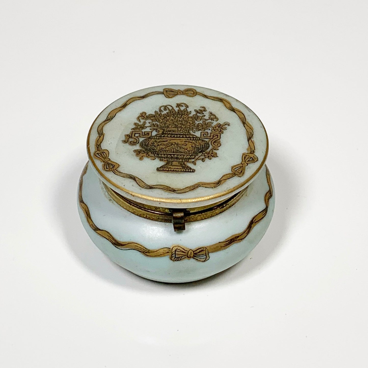 Vintage Porcelain Trinket Jar |  Hinged Porcelain Jar | Urn and Ribbon Decor