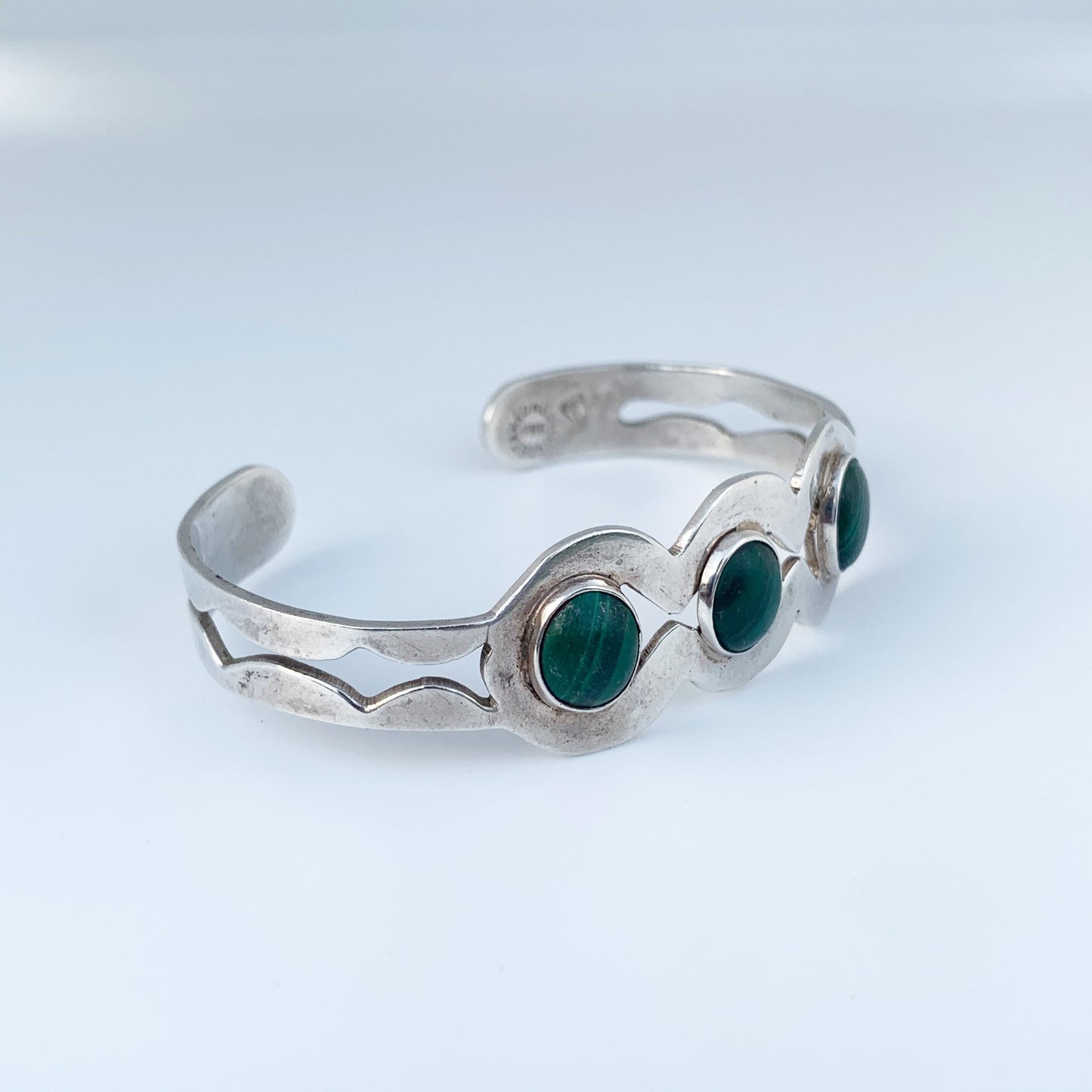 Vintage Mexican Silver Malachite Cuff Bracelet | Malachite Three Stone Cuff