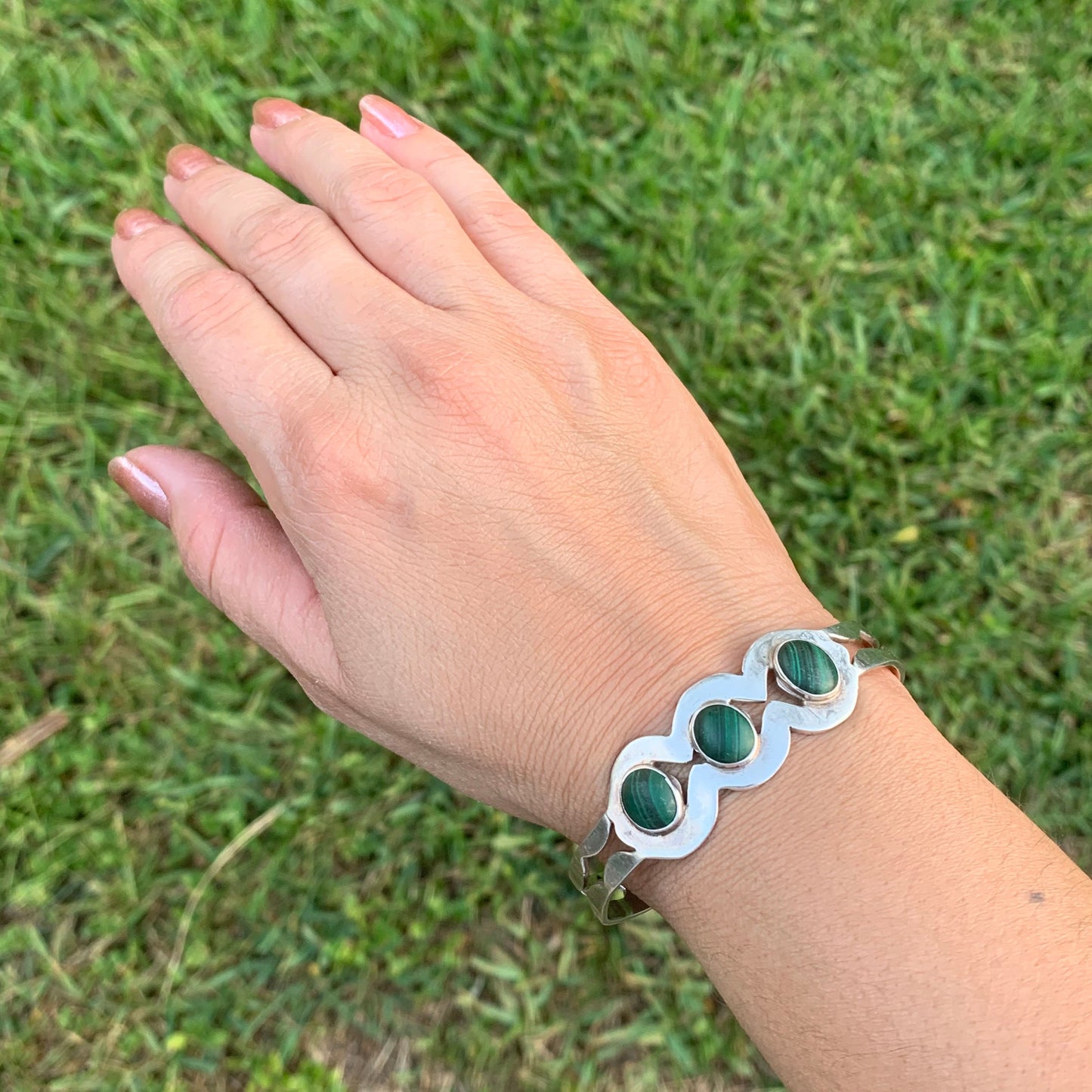 Vintage Mexican Silver Malachite Cuff Bracelet | Malachite Three Stone Cuff