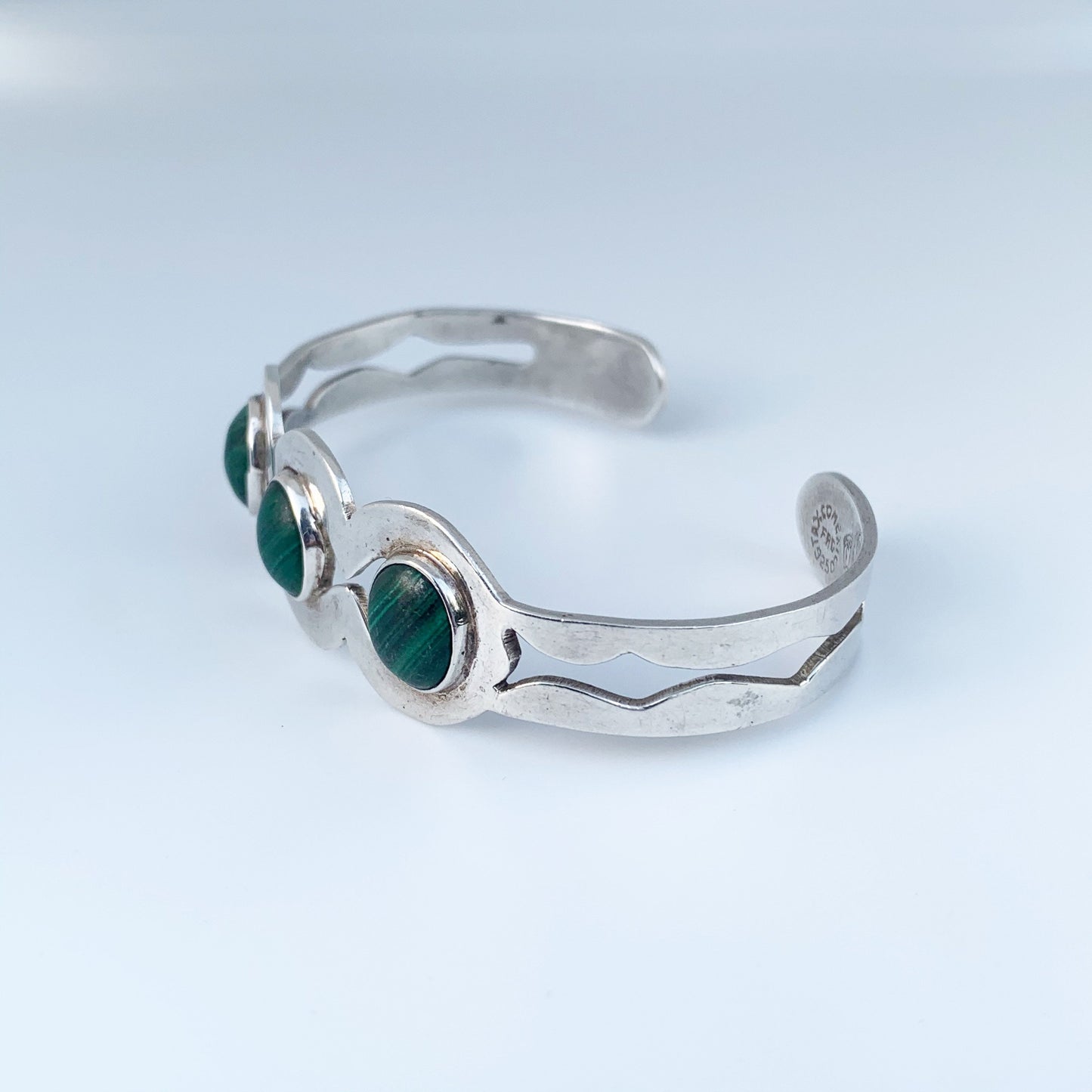 Vintage Mexican Silver Malachite Cuff Bracelet | Malachite Three Stone Cuff