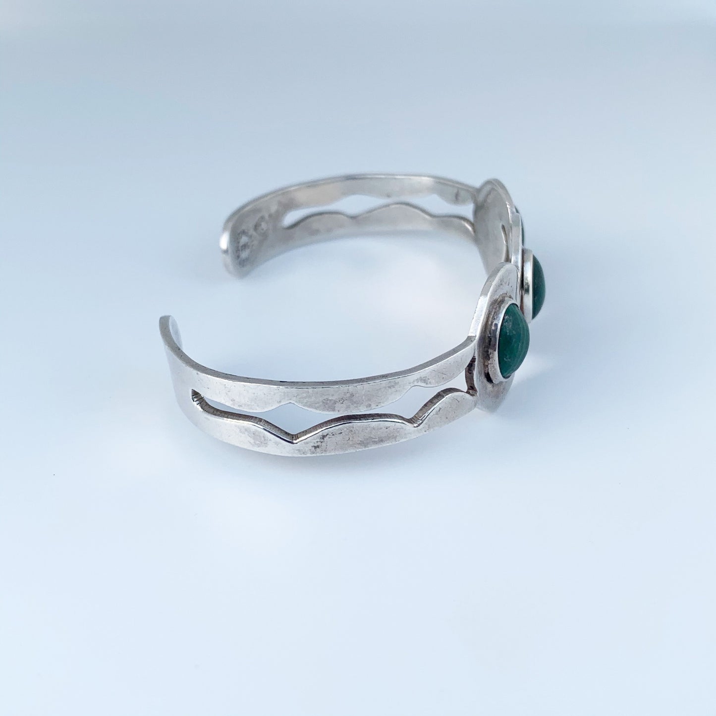 Vintage Mexican Silver Malachite Cuff Bracelet | Malachite Three Stone Cuff