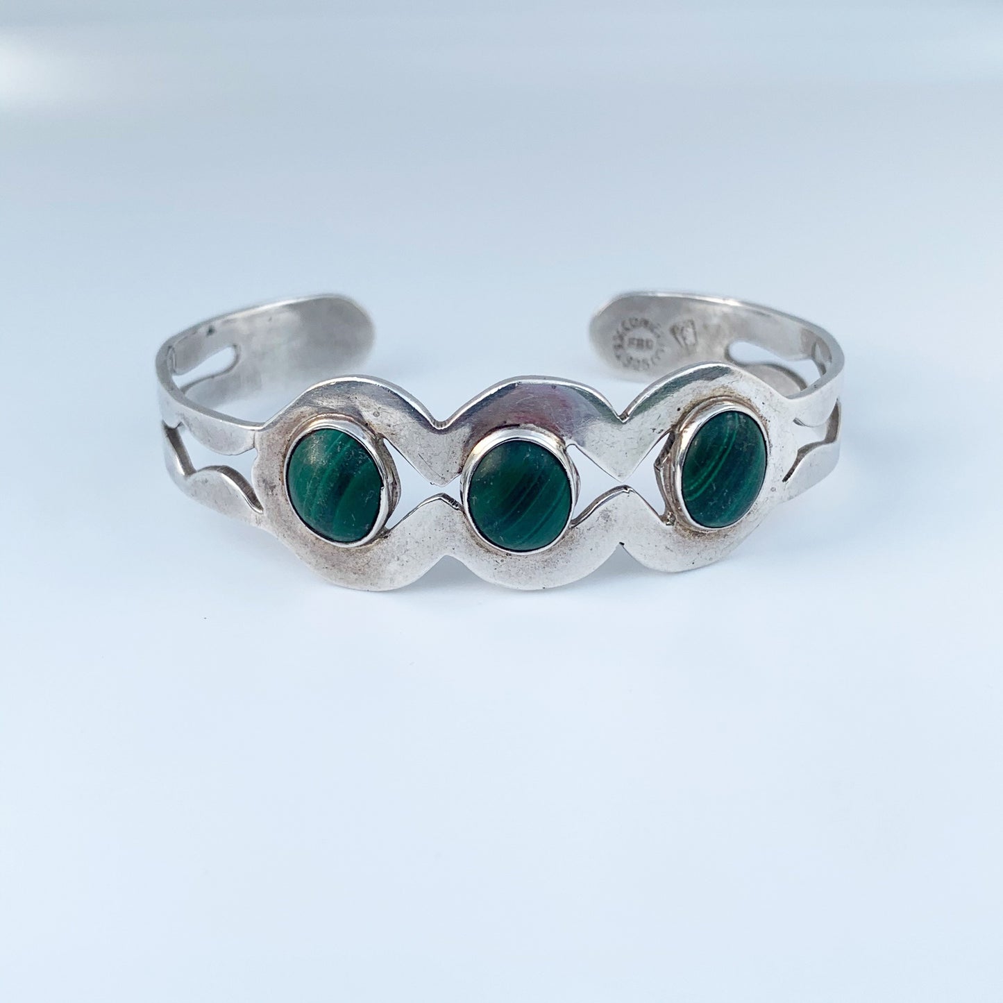 Vintage Mexican Silver Malachite Cuff Bracelet | Malachite Three Stone Cuff