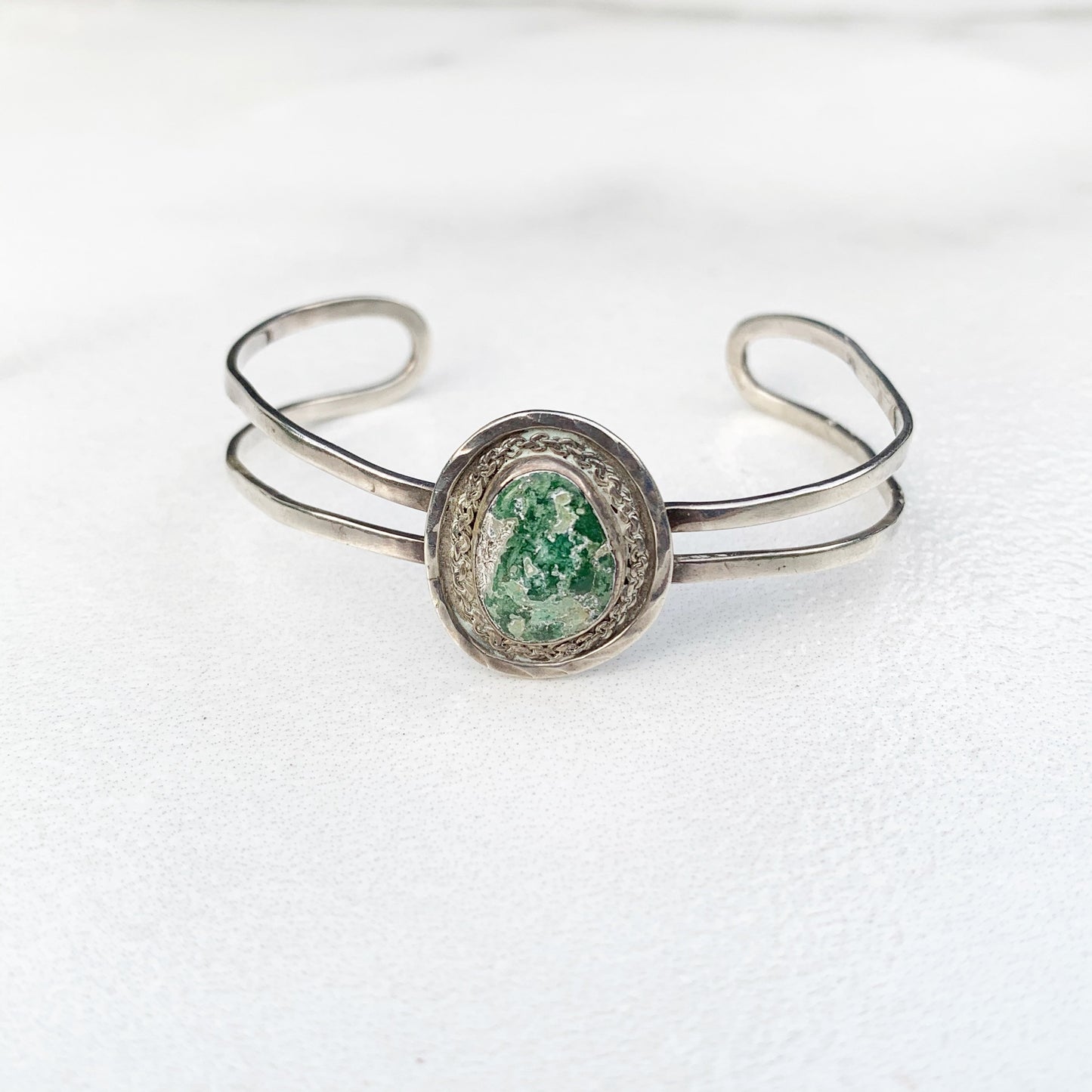 Vintage Silver Stone Cuff Bracelet | Green Stone Cuff