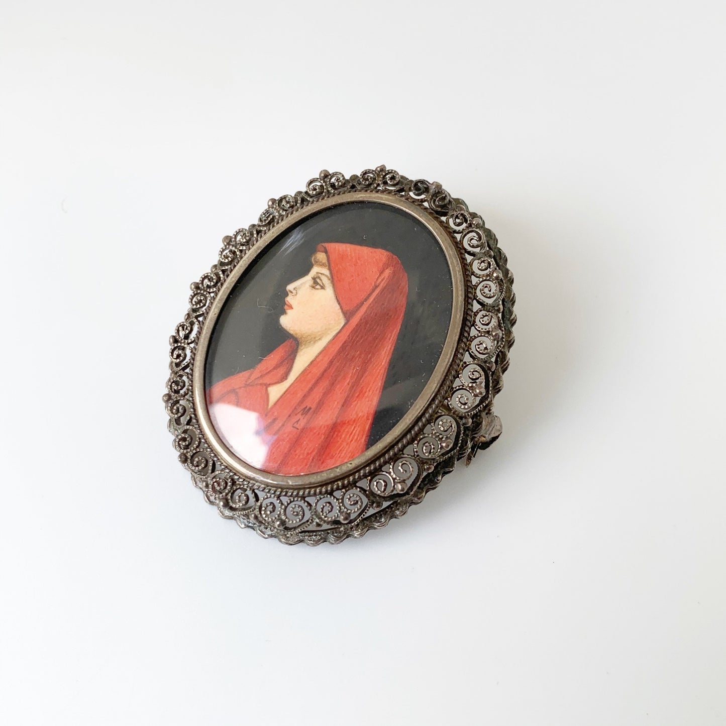 Vintage Hand Painted Miniature Brooch | Saint Fabiola Pendant Brooch | 800 Silver Brooch