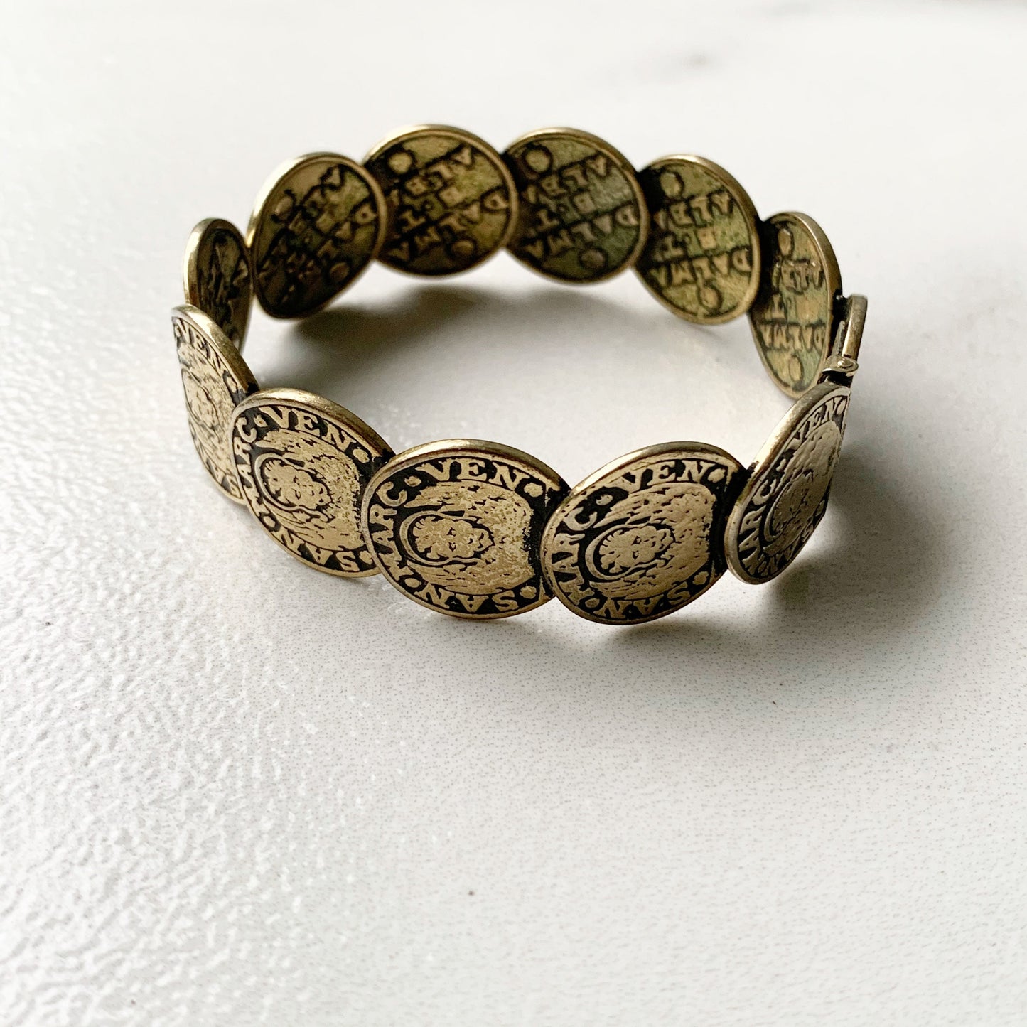 Vintage Whiting & Davis Coin Bracelet | Venetian Coin Hinge Cuff Bracelet