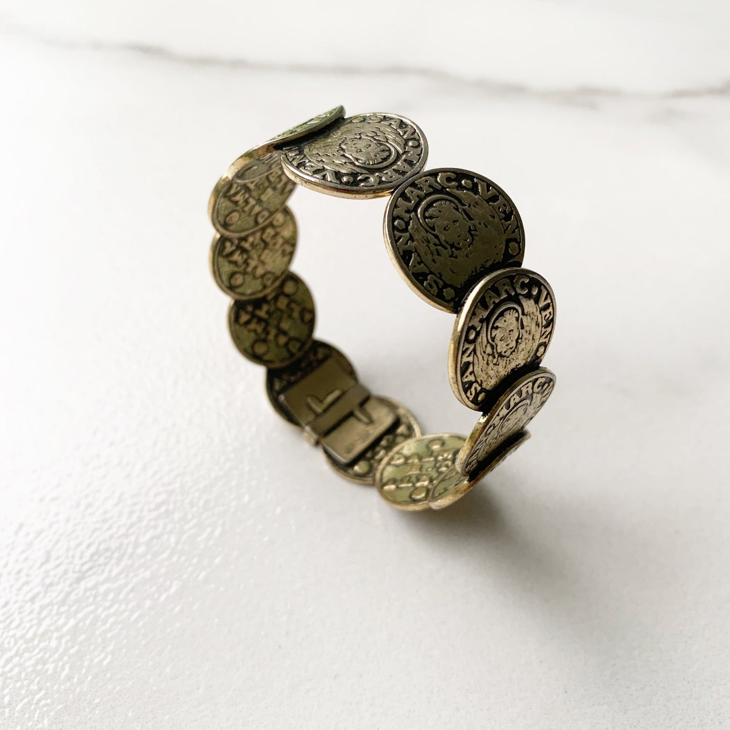 Vintage Whiting & Davis Coin Bracelet | Venetian Coin Hinge Cuff Bracelet