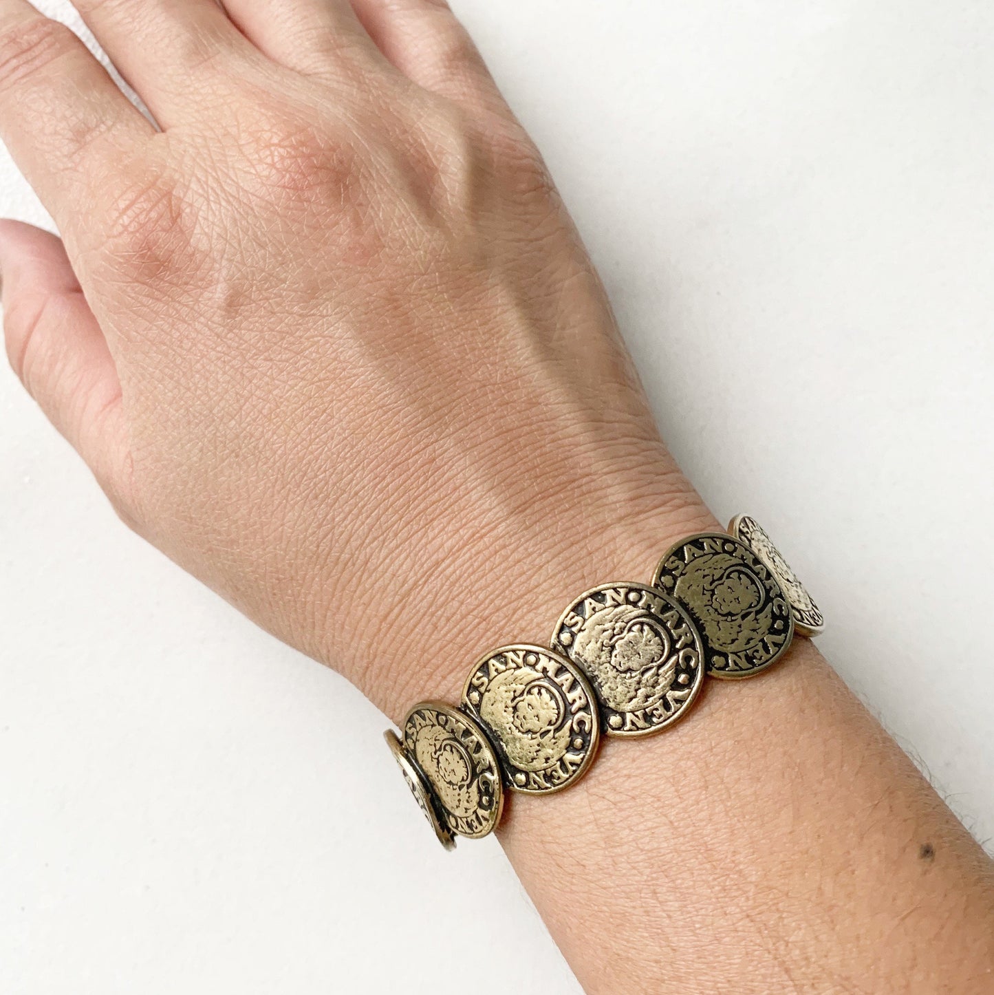 Vintage Whiting & Davis Coin Bracelet | Venetian Coin Hinge Cuff Bracelet