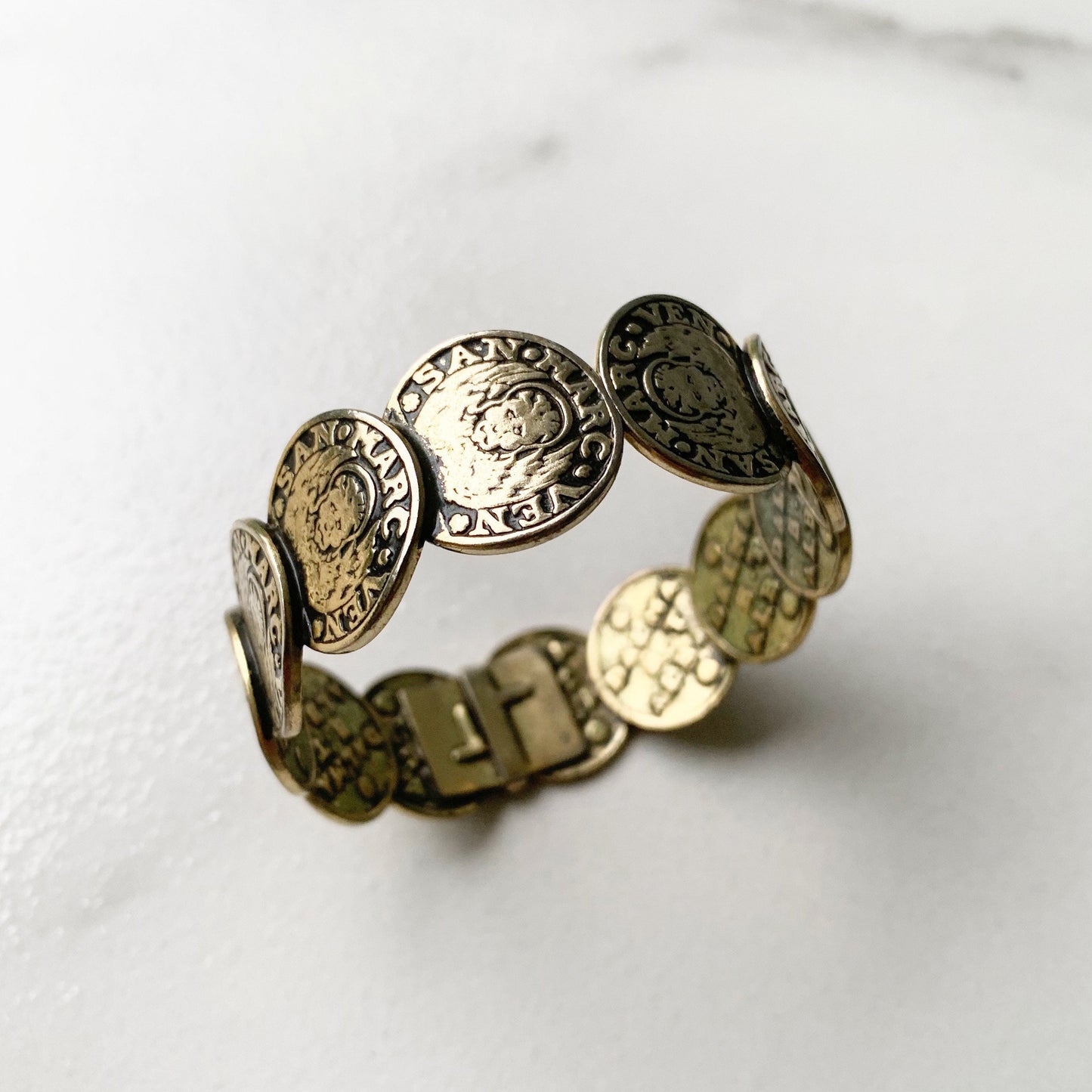 Vintage Whiting & Davis Coin Bracelet | Venetian Coin Hinge Cuff Bracelet