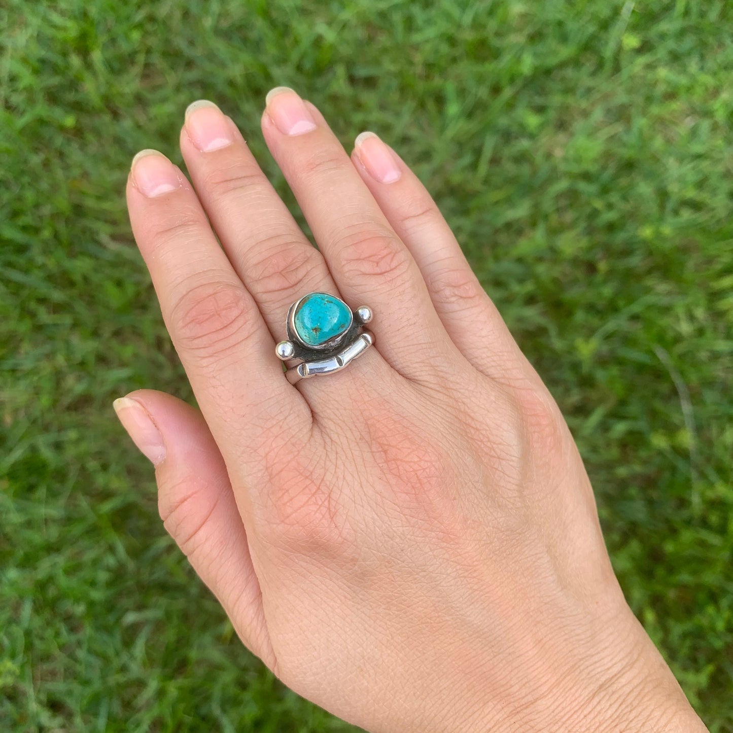 Vintage Silver Turquoise Ring | Southwest Turquoise Chiseled Ring | Size 7.5 Ring