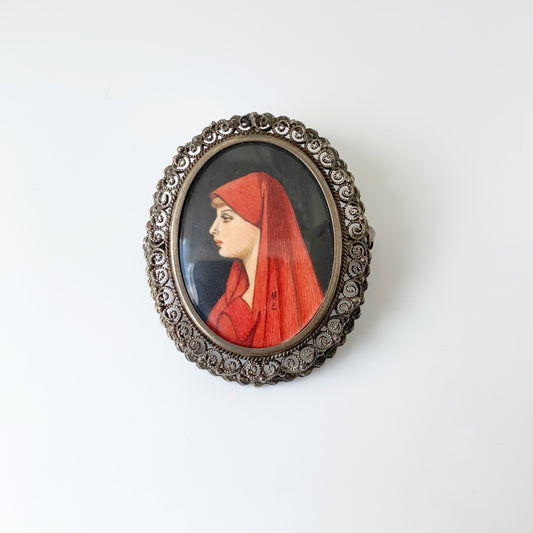 Vintage Hand Painted Miniature Brooch | Saint Fabiola Pendant Brooch | 800 Silver Brooch