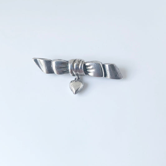 Victorian Ribbon and Dangle Heart Brooch | Silver Dangling Heart Brooch | Sterling Birmingham England