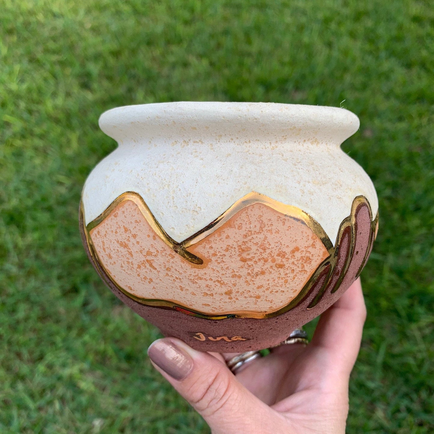 Vintage Gina Arrighetti Gold Inlay Pottery Bowl | Southwestern Pot Vase | 3.5 inch Tall Bowl |  Handmade Decor