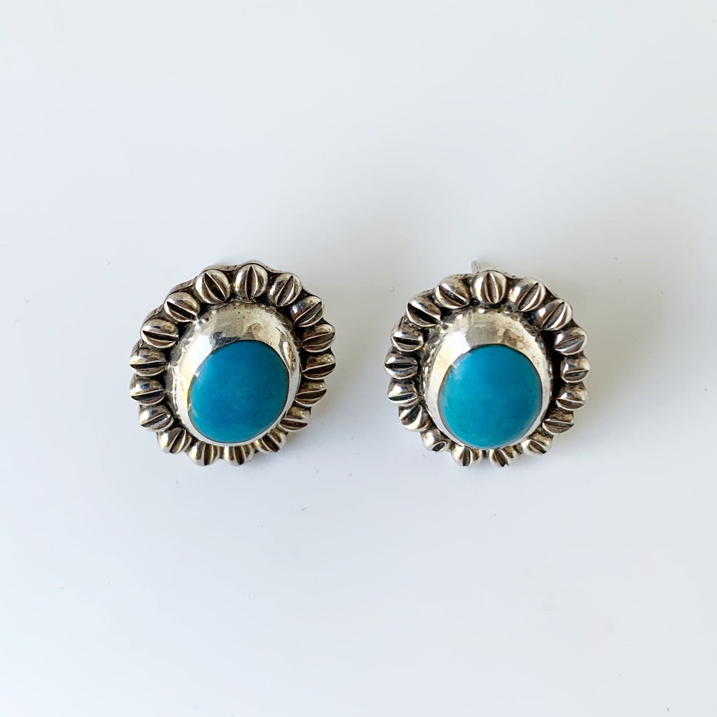 Vintage Mexican Silver Turquoise Stud Earrings | Silver Sunflower Earrings