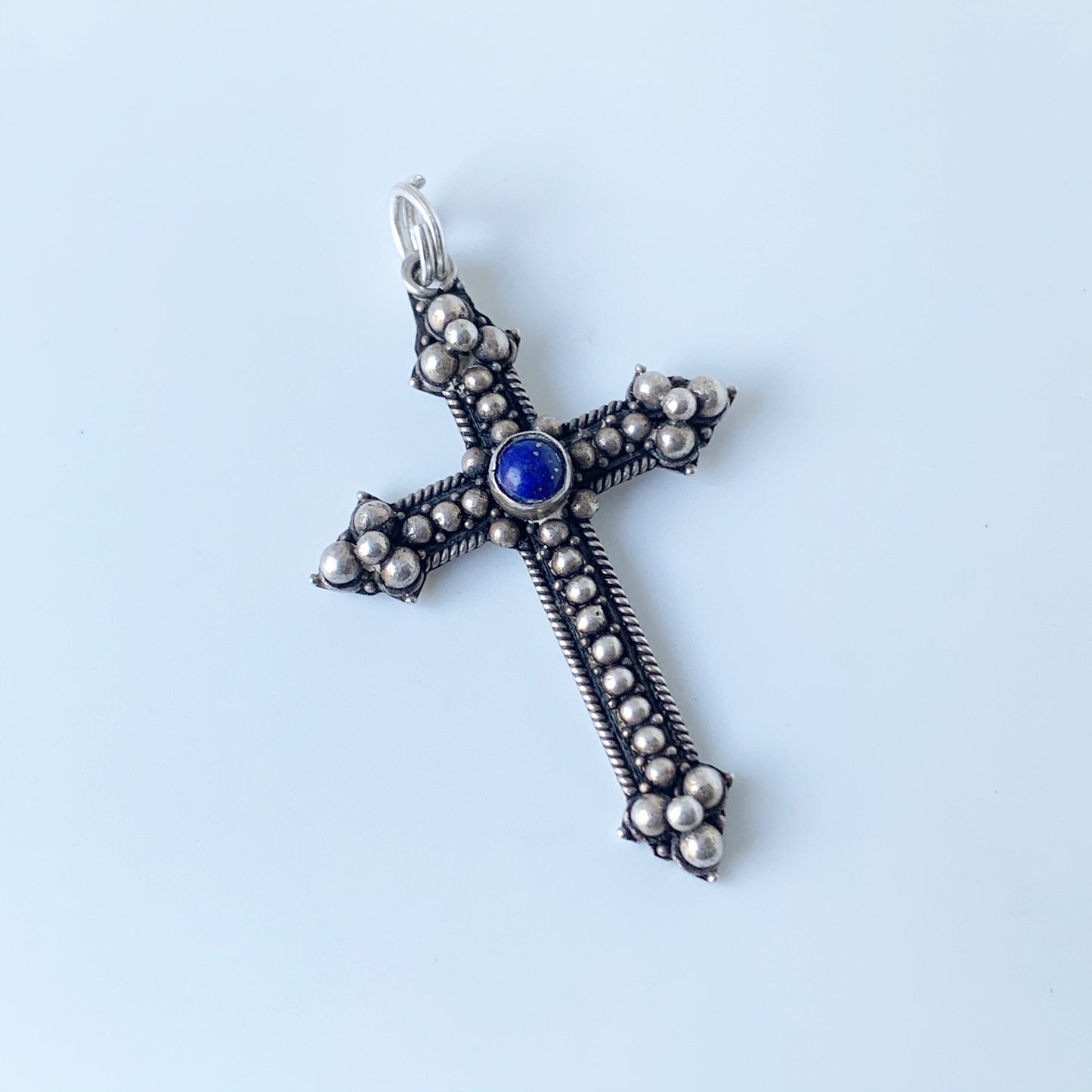 Vintage Silver Lapis Lazuli Cross Pendant | Blue Stone Cross Pendant