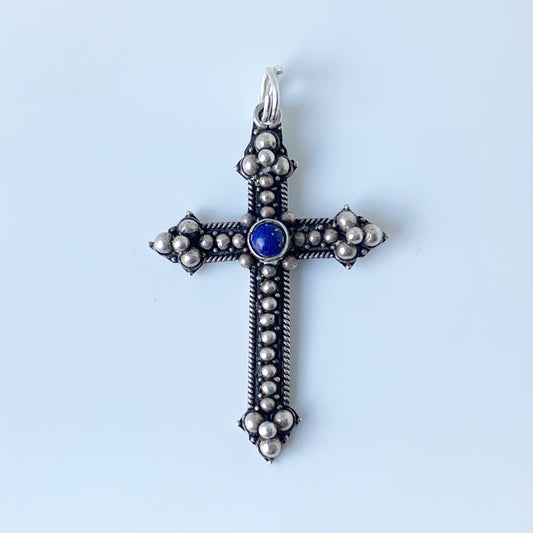 Vintage Silver Lapis Lazuli Cross Pendant | Blue Stone Cross Pendant