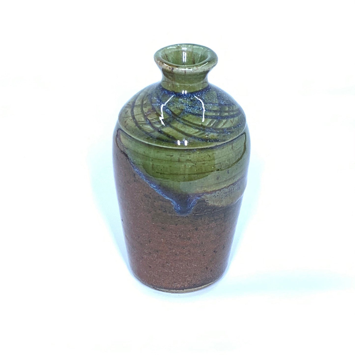Vintage Glazed Pottery Bud Vase | Small Handmade Vase | Brown and Green Pottery
