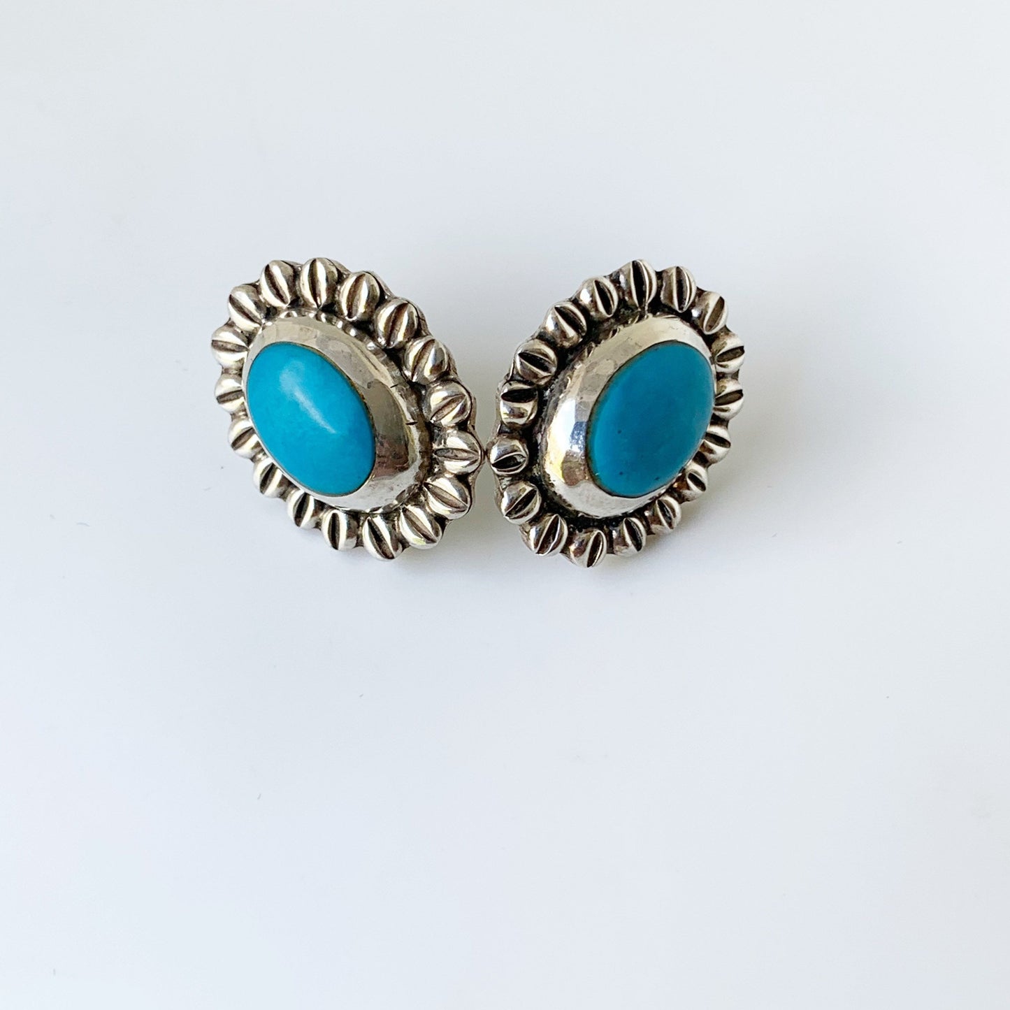 Vintage Mexican Silver Turquoise Stud Earrings | Silver Sunflower Earrings