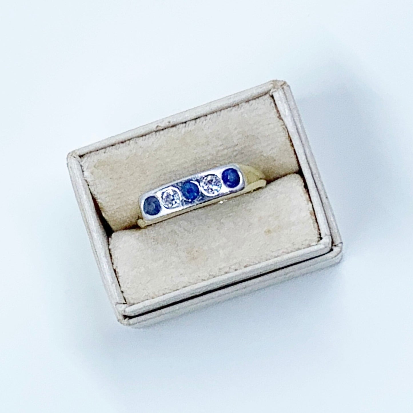 Vintage Diamond and Sapphire 5 Stone Ring | White and Yellow Gold Stackable 15k Ring | Size 5.75 Ring